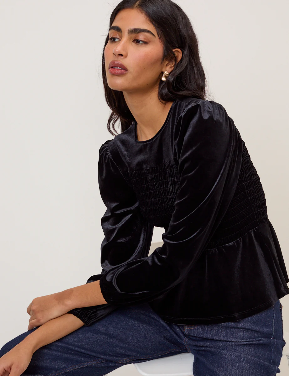Black Velvet Shirred Balloon Sleeve Top