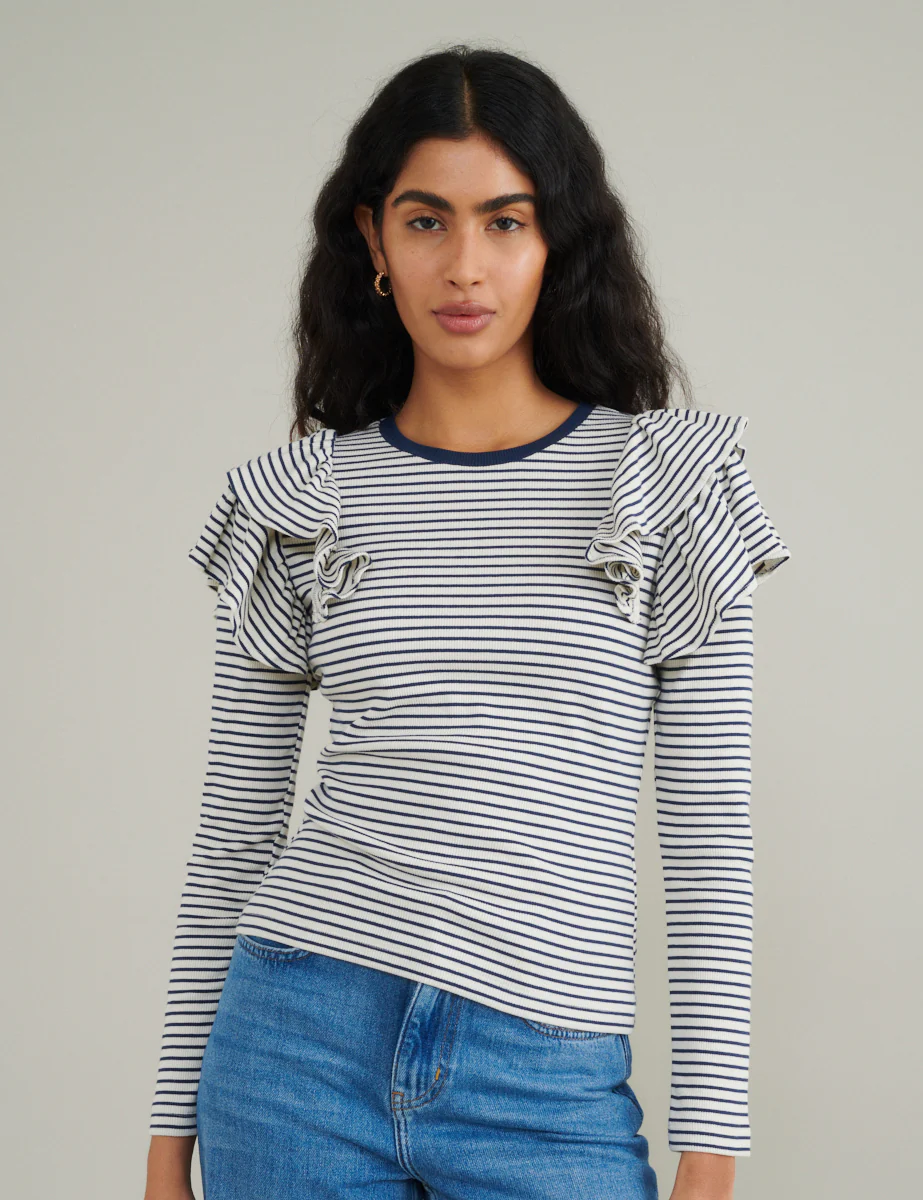 Blue And White Striped Frill Shoulder Top