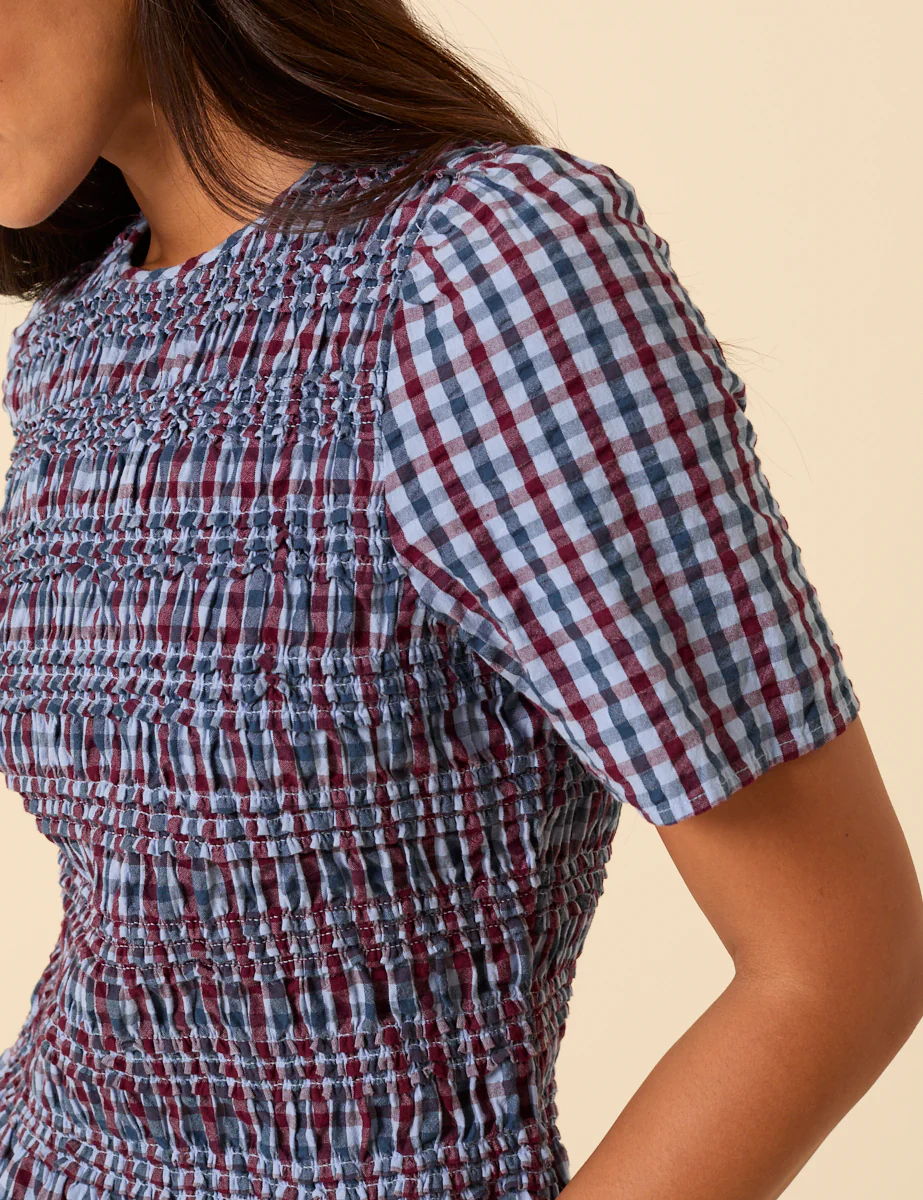 Blue and Red Gingham Shirred Top - Image 2