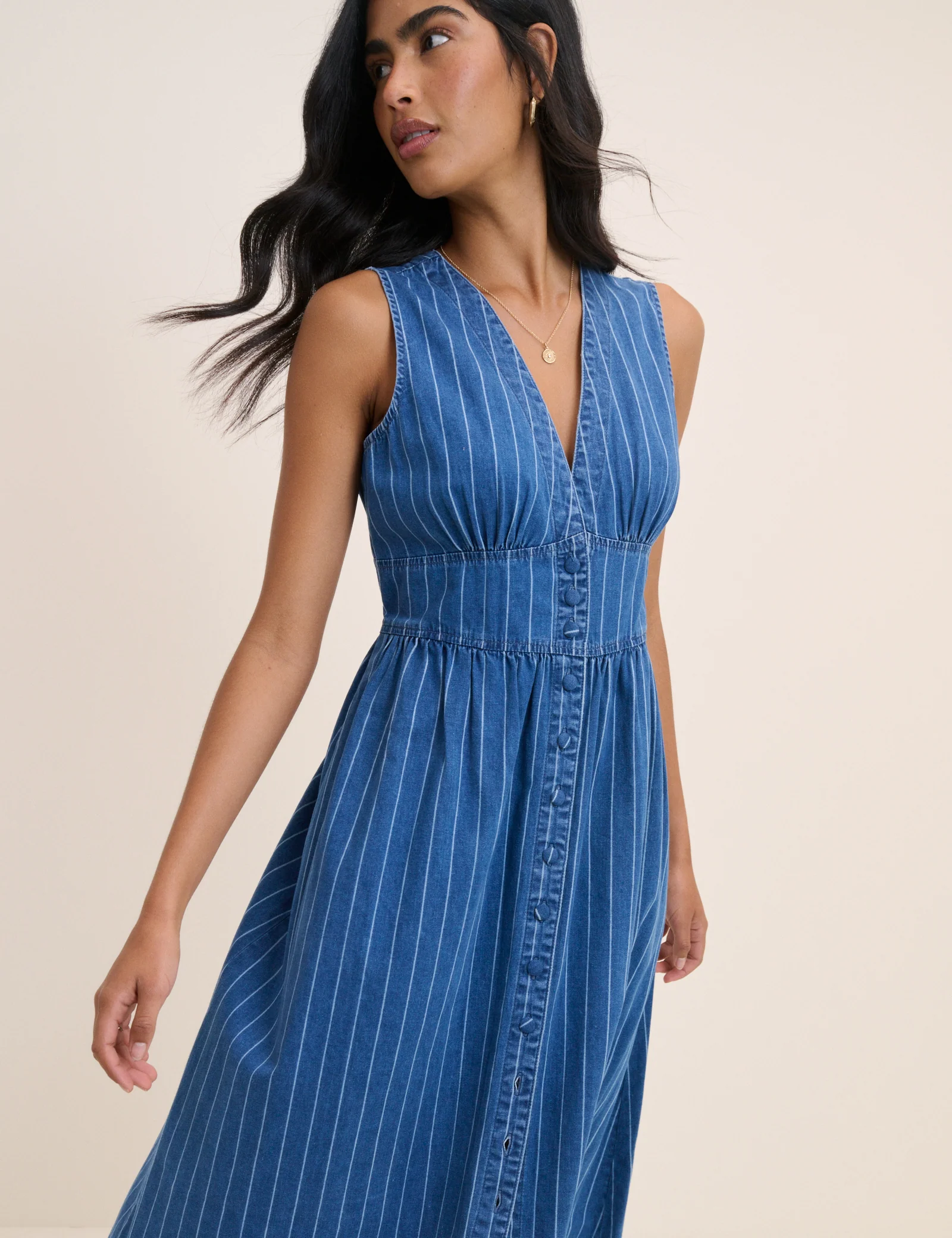 Blue Denim Sleeveless Pinstripe Starlight Midi Dress - Image 2