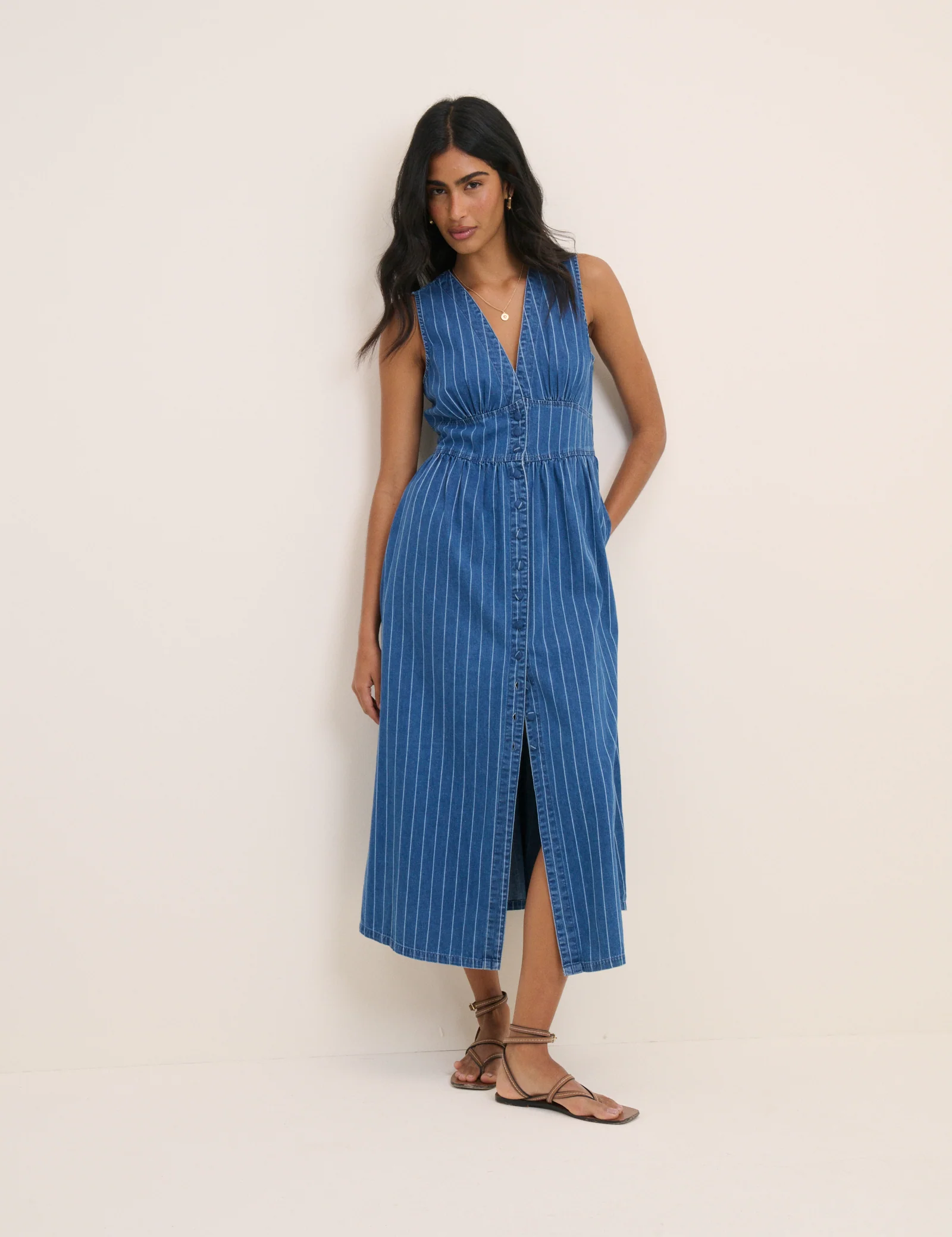 Blue Denim Sleeveless Pinstripe Starlight Midi Dress - Image 3