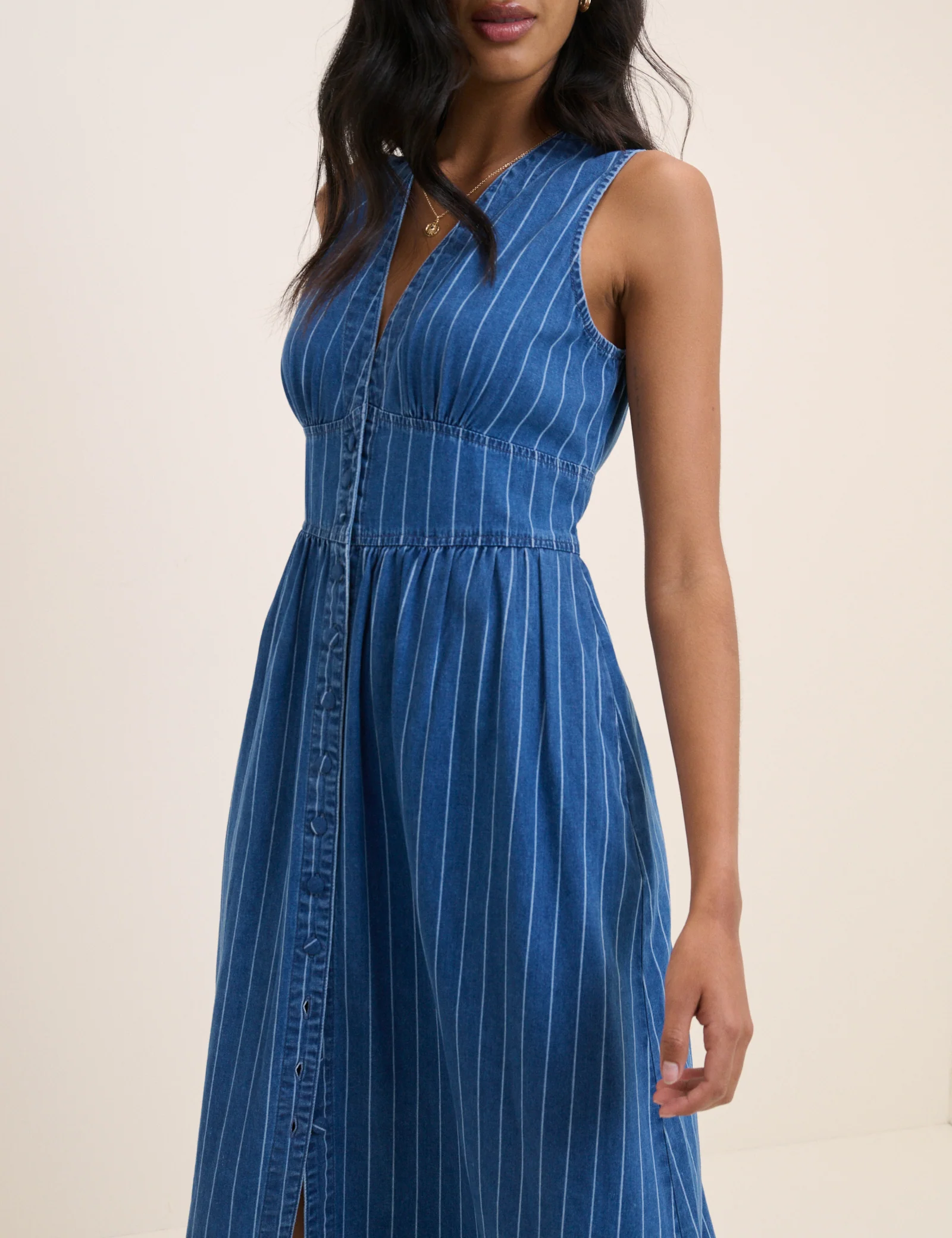 Blue Denim Sleeveless Pinstripe Starlight Midi Dress - Image 4
