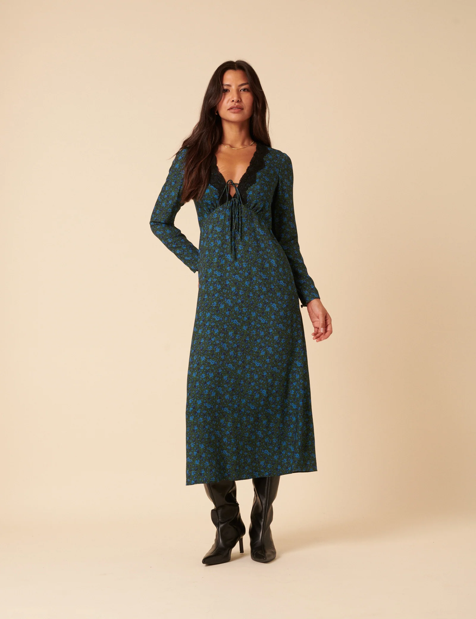 Blue & Green Floral Lace Aida Midi Dress