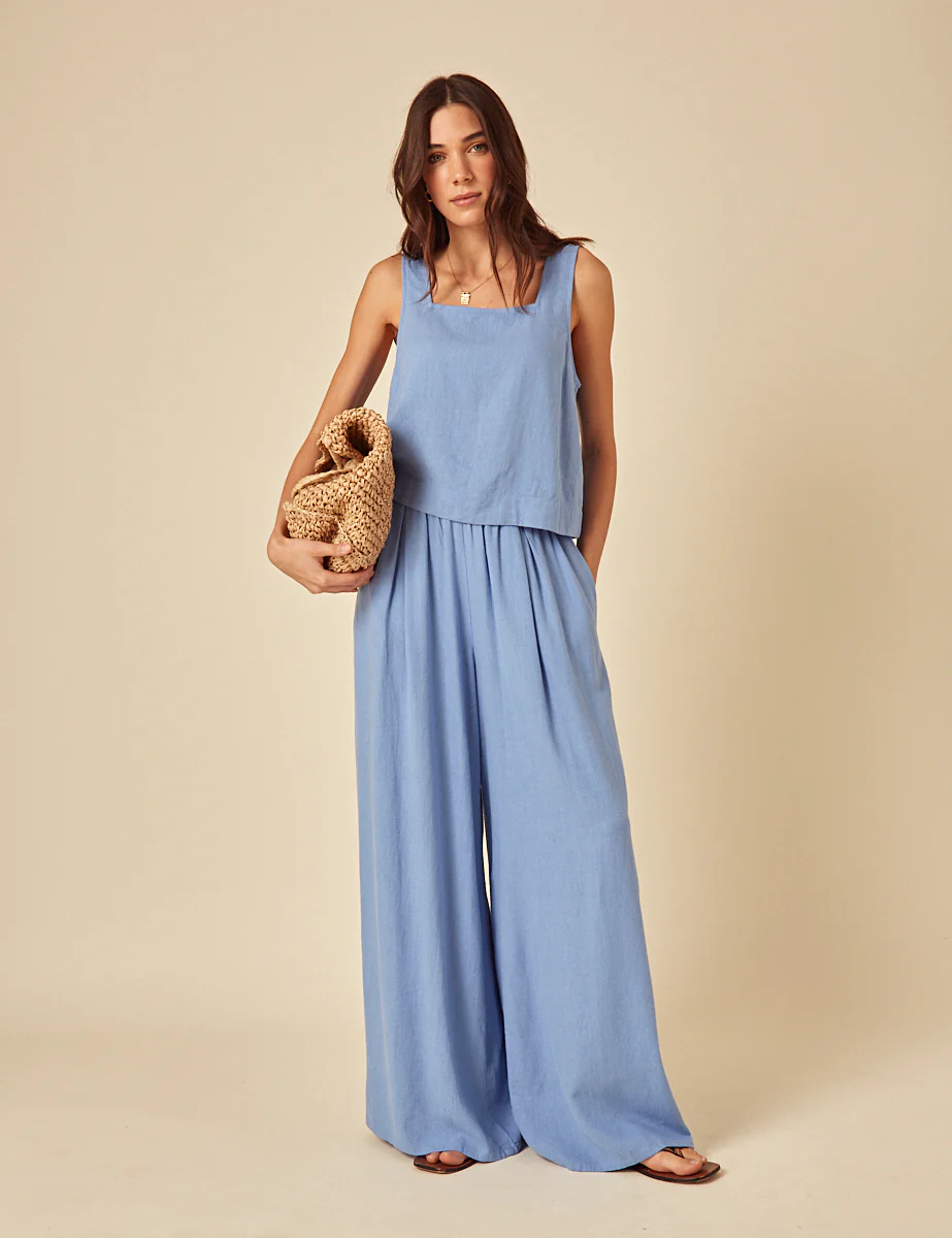 Blue Linen-Blend Wide Leg Jerrow Trousers