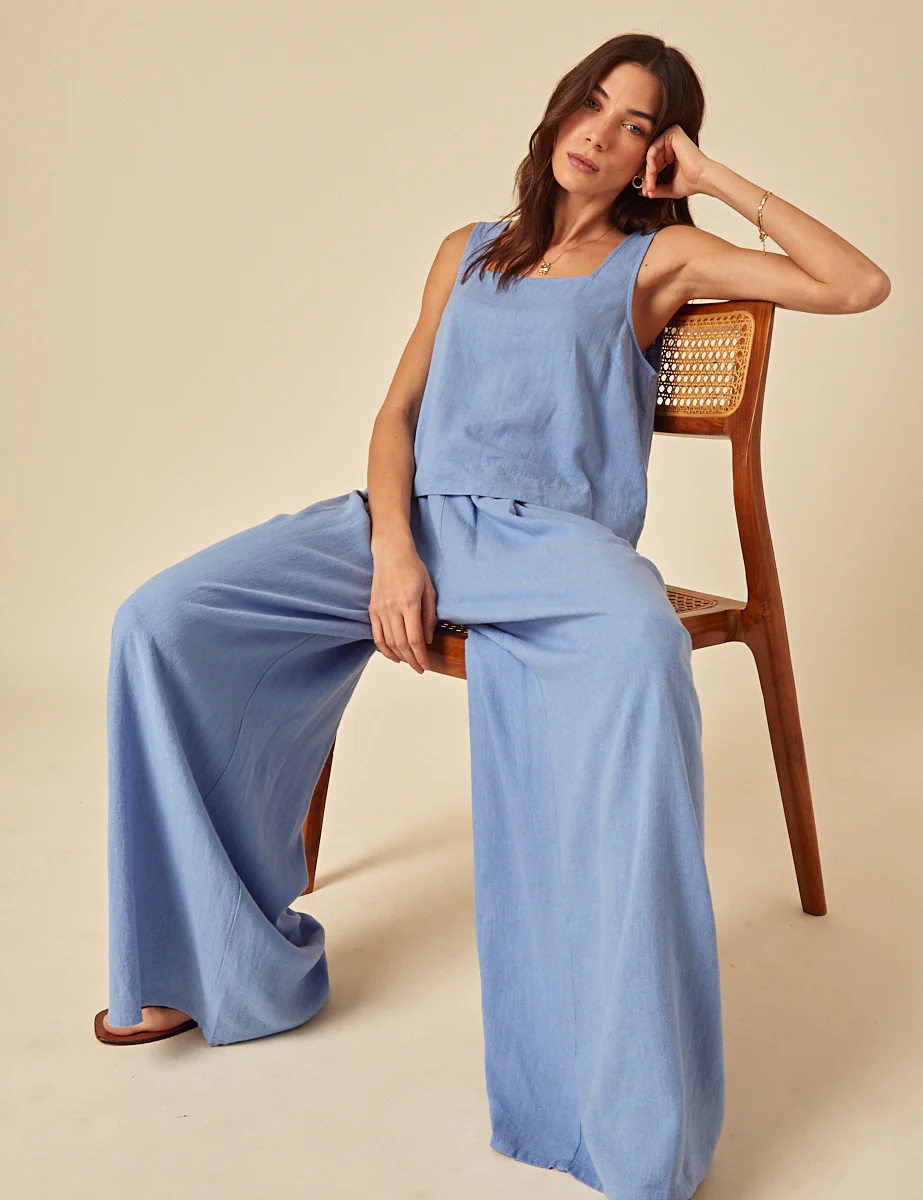Blue Linen-Blend Wide Leg Jerrow Trousers - Image 2