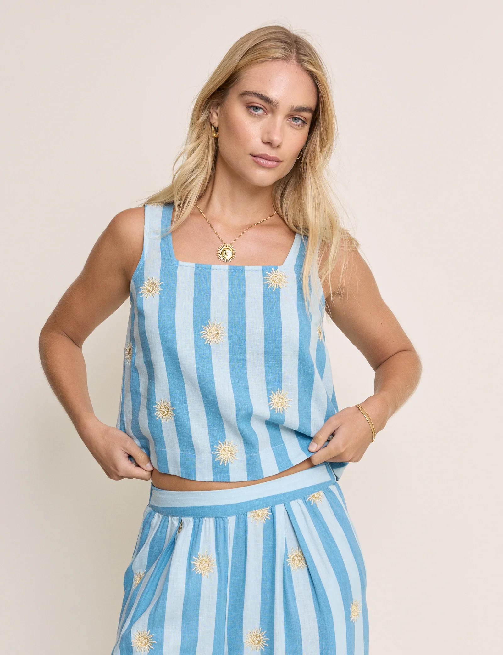 Blue Striped Embroidered Linen-Blend Top - Image 3