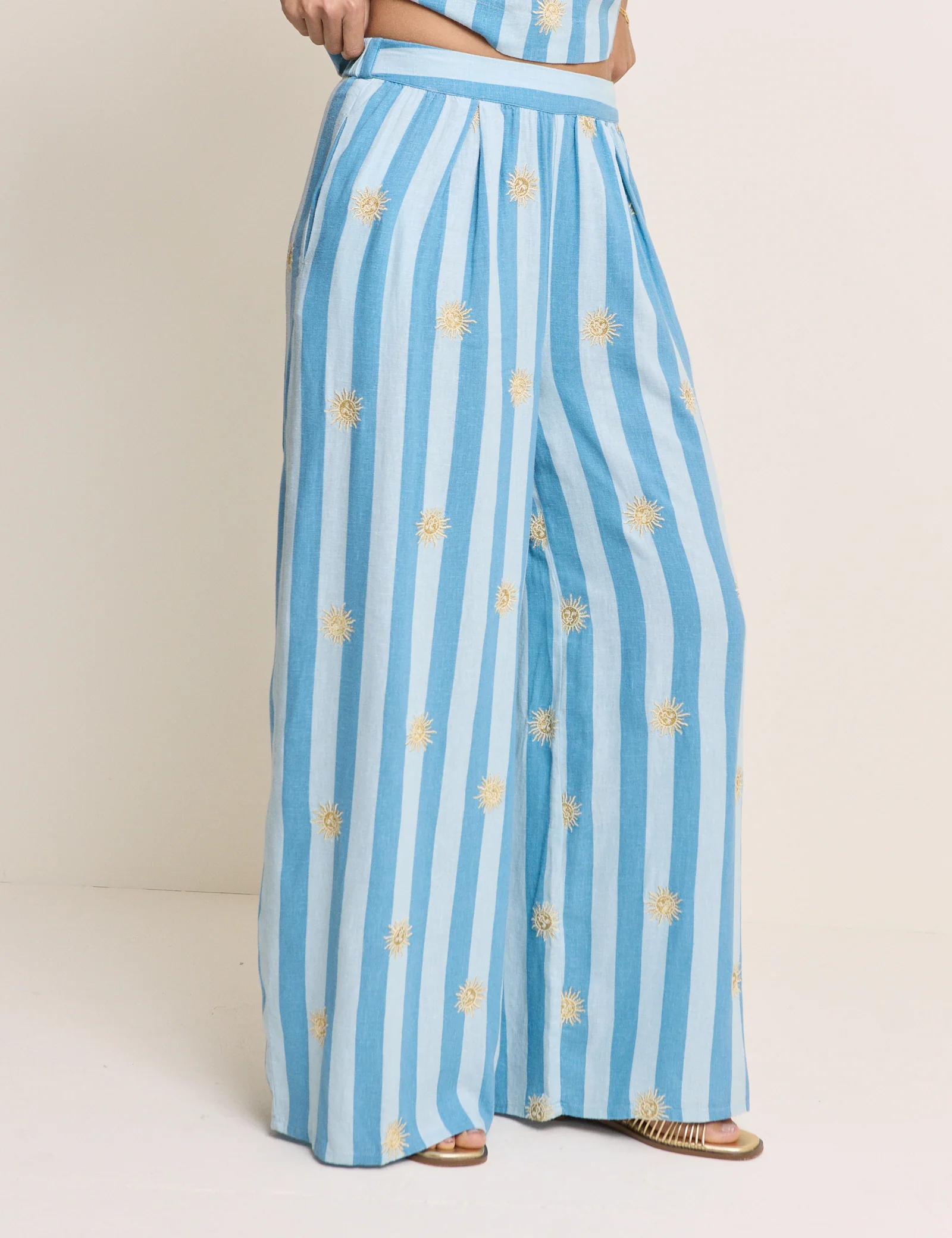 Blue Striped Linen-Blend Wide Leg Trousers - Image 2