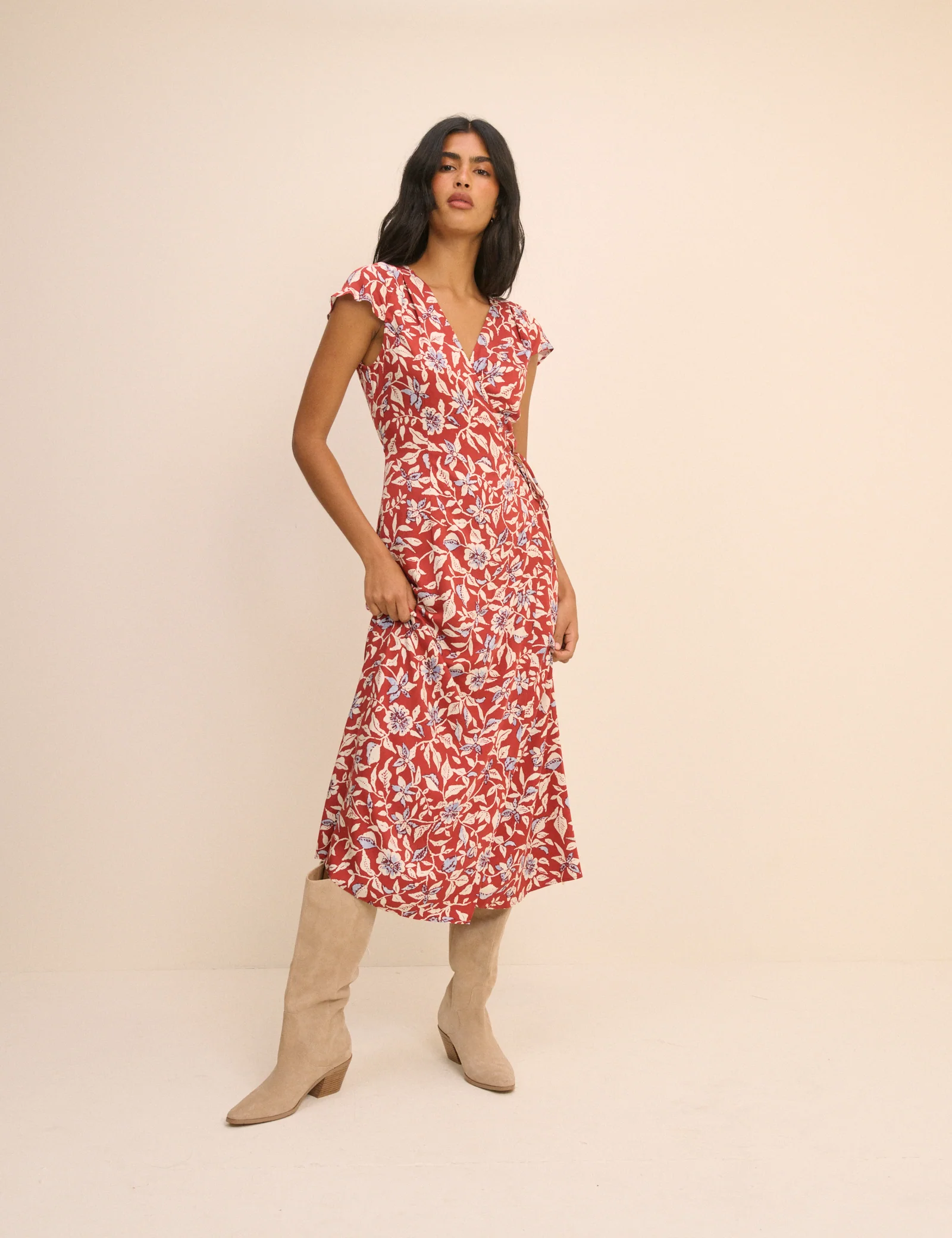 Red Floral Wrapover Bree Midi Dress - Image 3