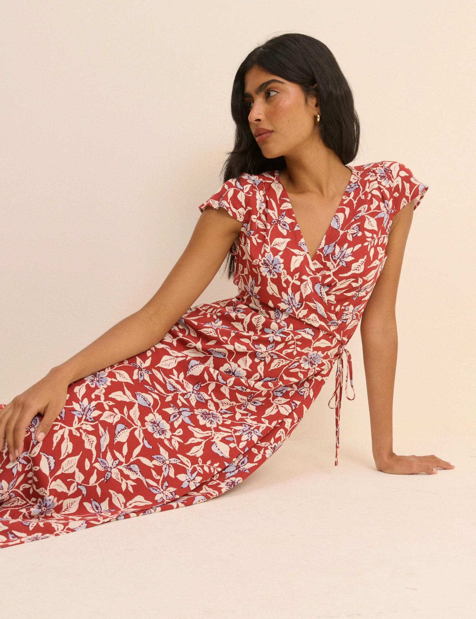 Red Floral Wrapover Bree Midi Dress - Image 4