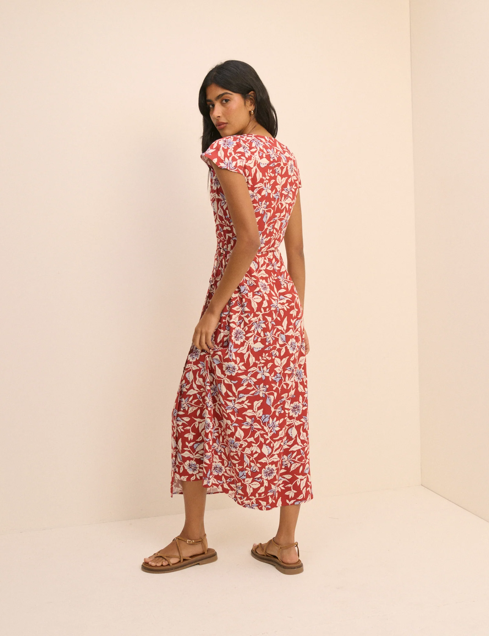 Red Floral Wrapover Bree Midi Dress - Image 5