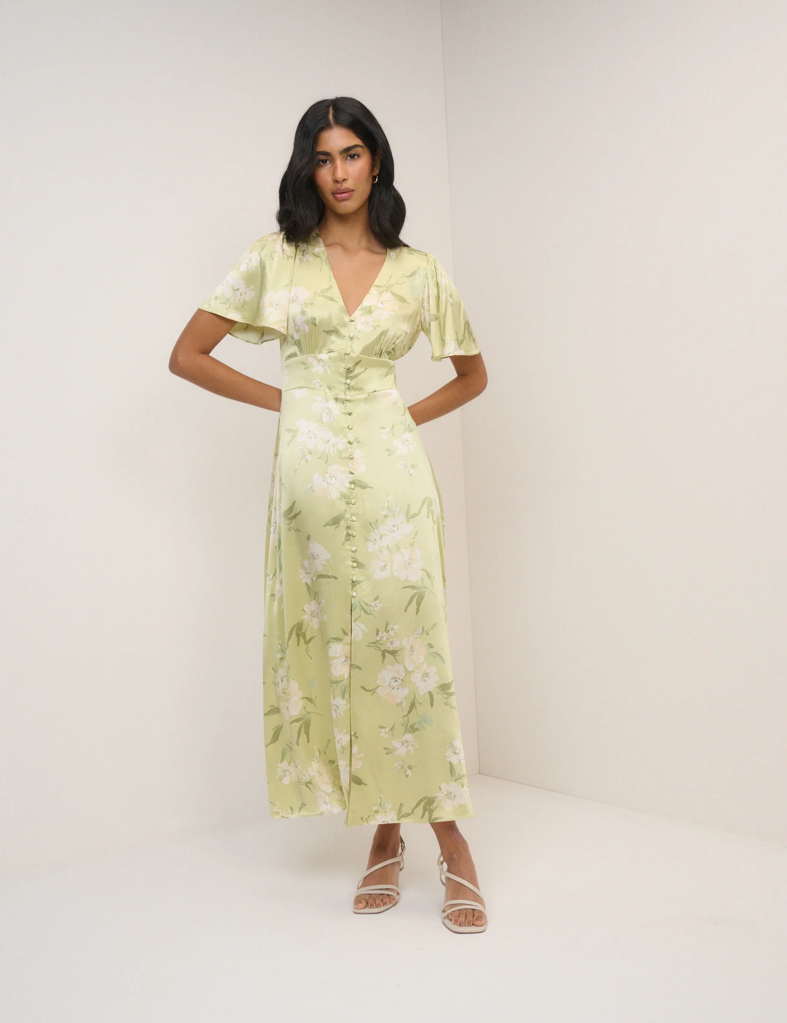 Sage Green Floral Satin Erin Midi Dress