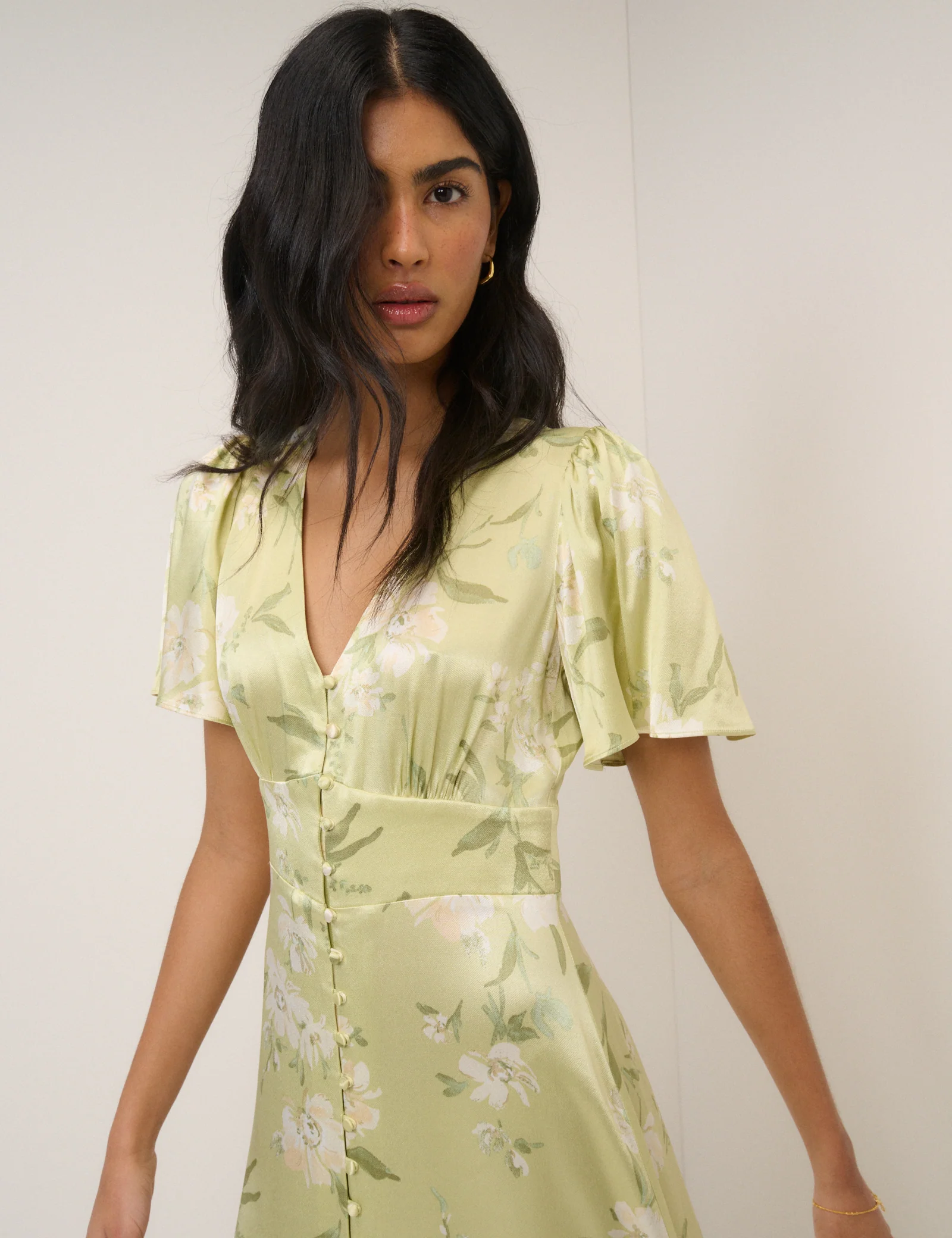 Sage Green Floral Satin Erin Midi Dress - Image 2