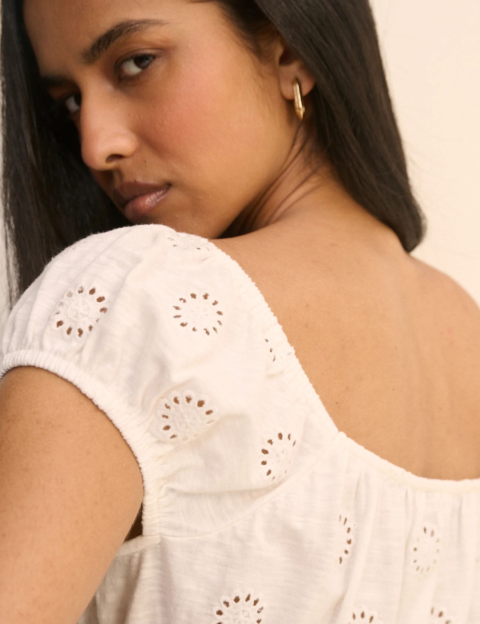 White Broderie Anglaise Shirred Milkmaid Top - Image 4