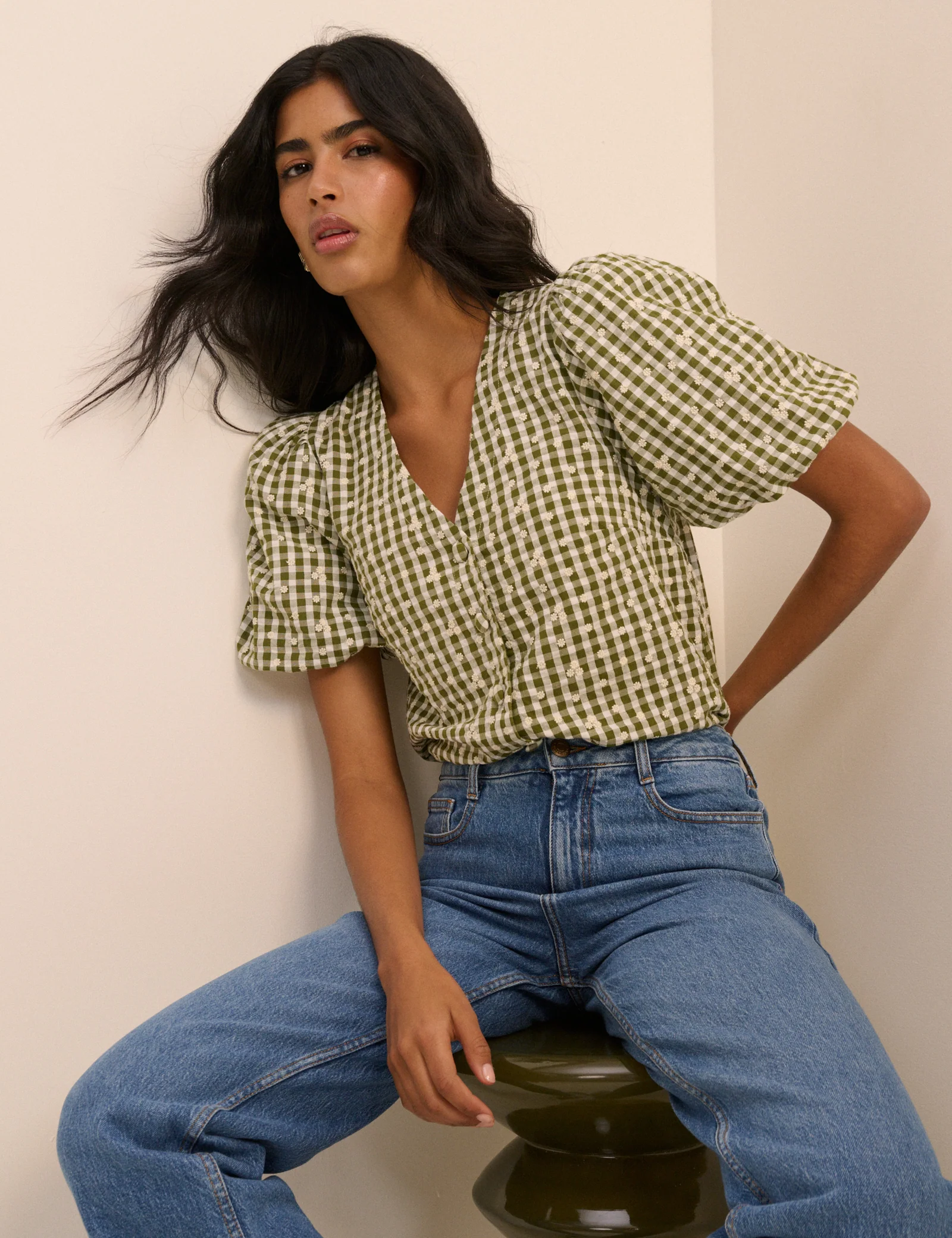 Green Gingham Embroidered Puff Sleeve Top - Image 3