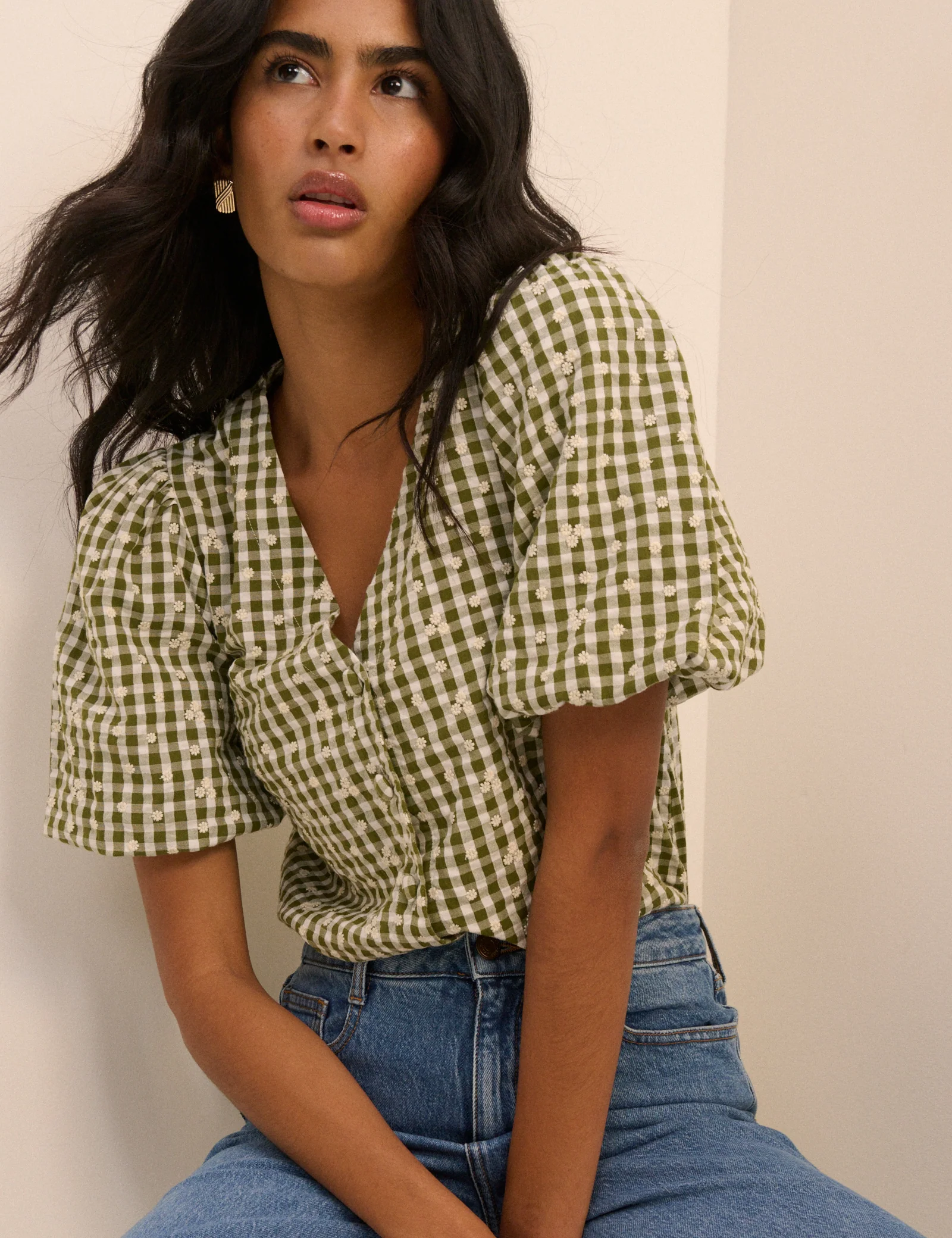 Green Gingham Embroidered Puff Sleeve Top - Image 4