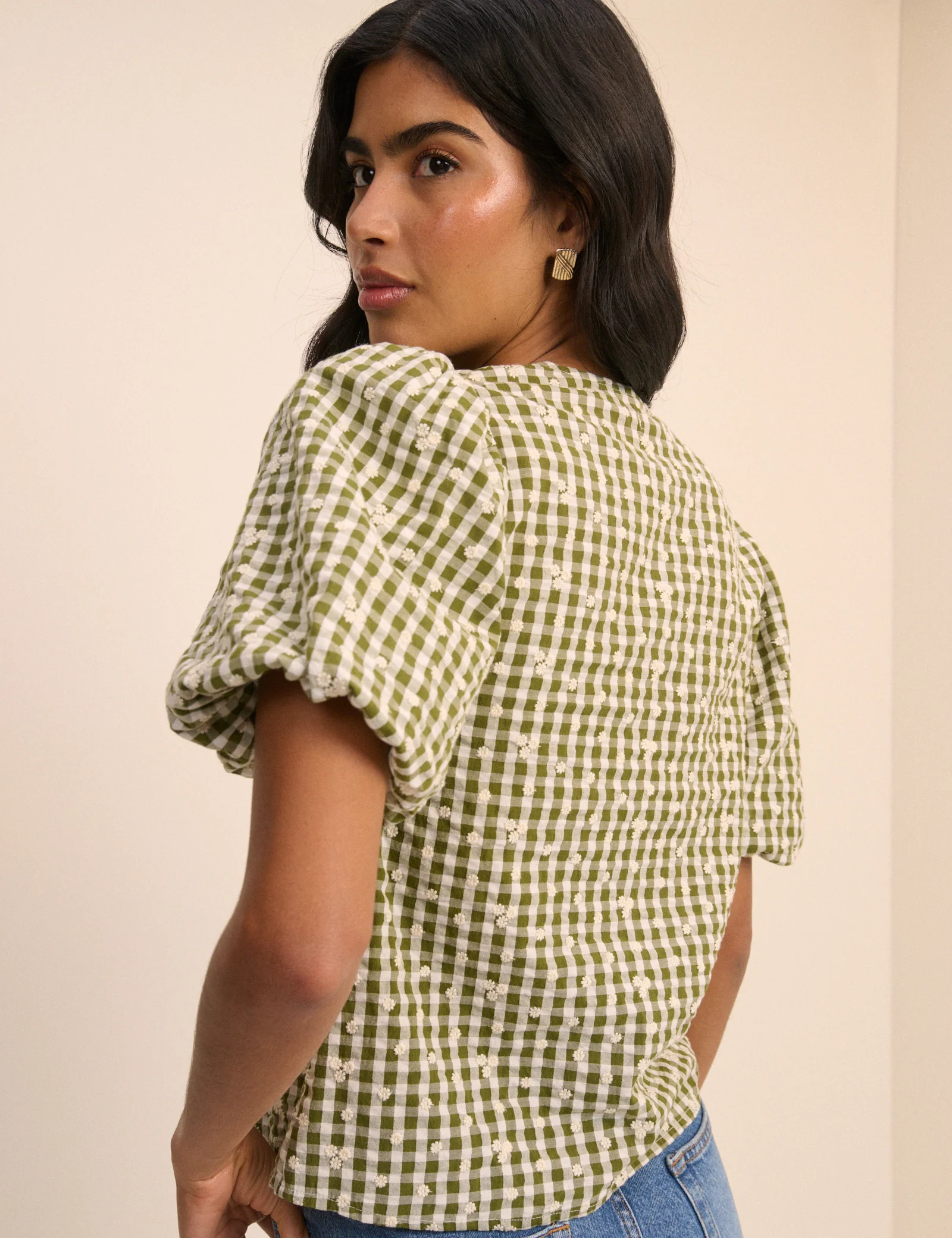 Green Gingham Embroidered Puff Sleeve Top - Image 5