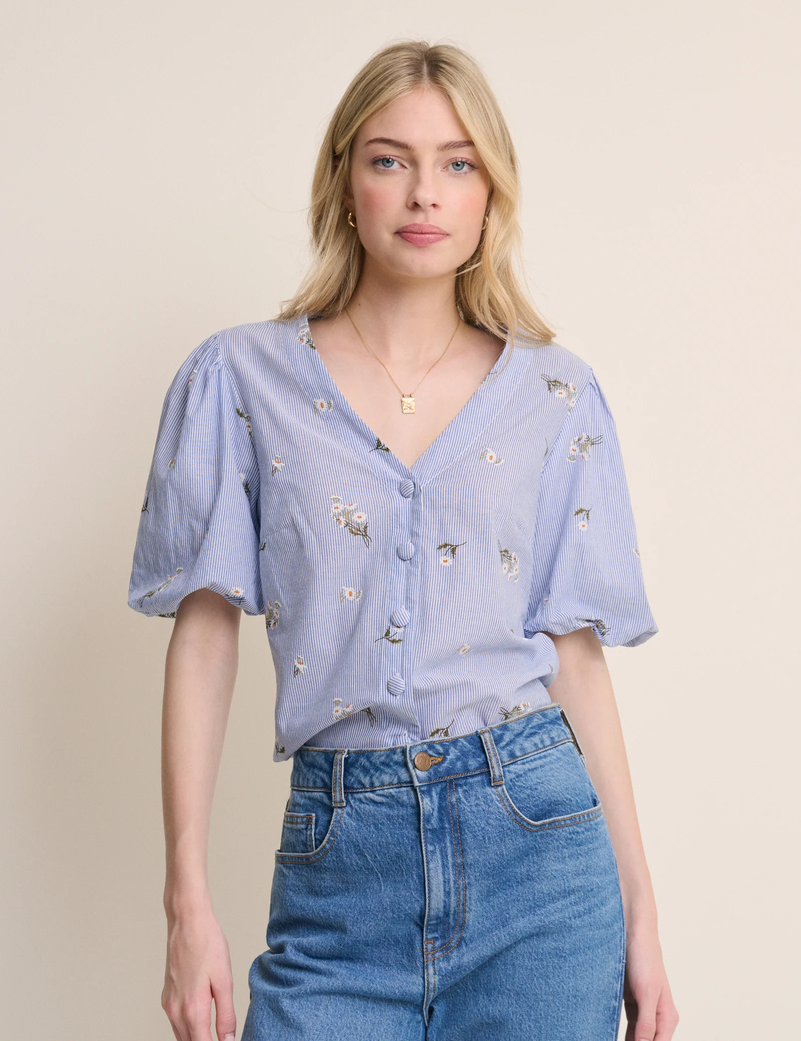 Blue Ditsy Floral Puff Sleeve Top - Image 3