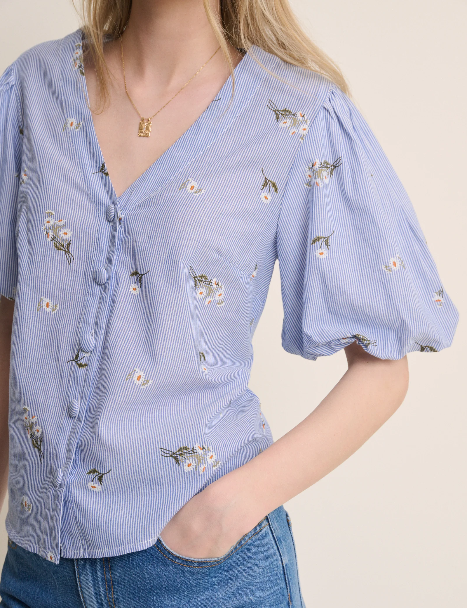 Blue Ditsy Floral Puff Sleeve Top - Image 4