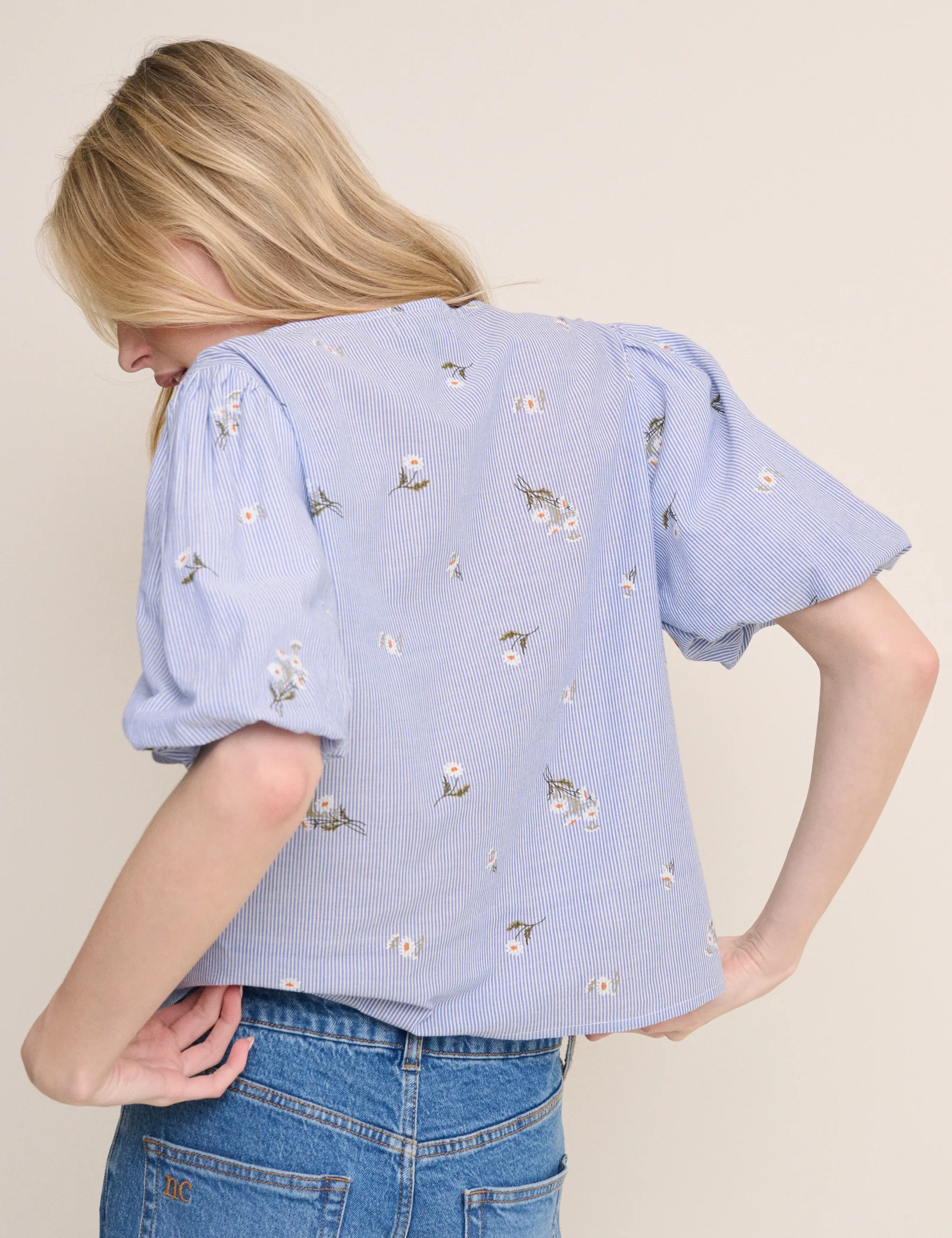 Blue Ditsy Floral Puff Sleeve Top - Image 5