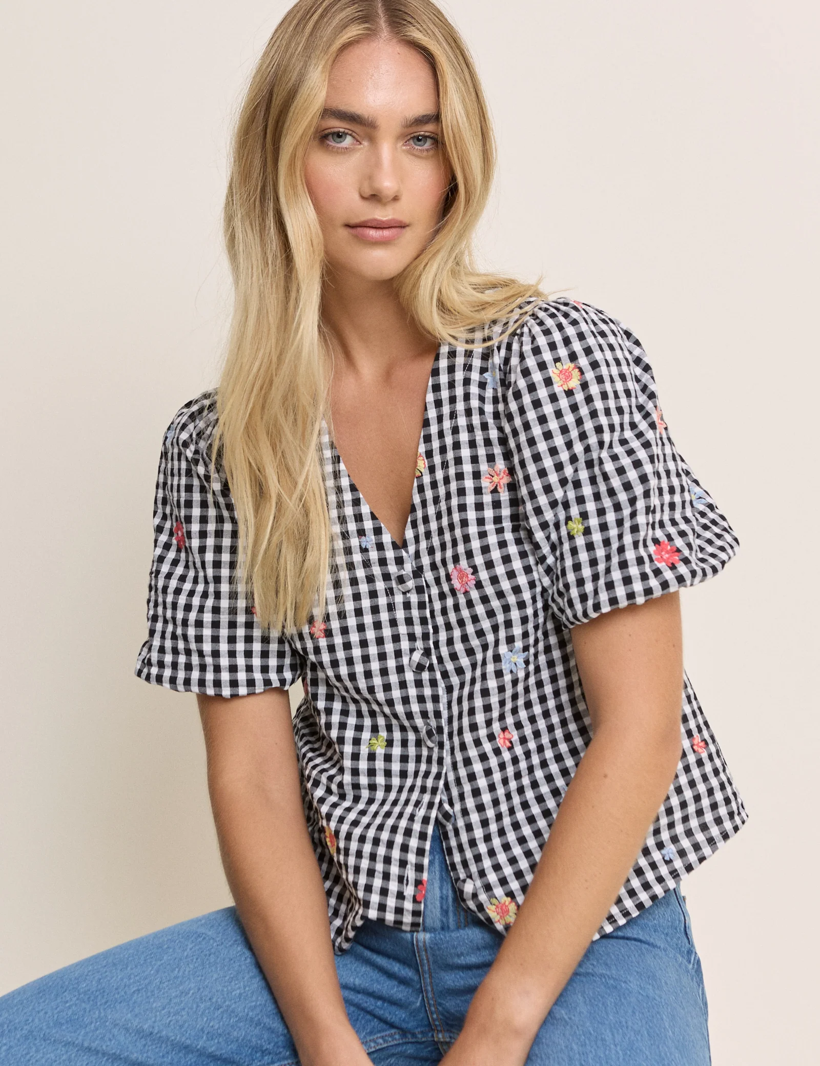 Black Gingham and Floral Puff Sleeve Top - Image 2