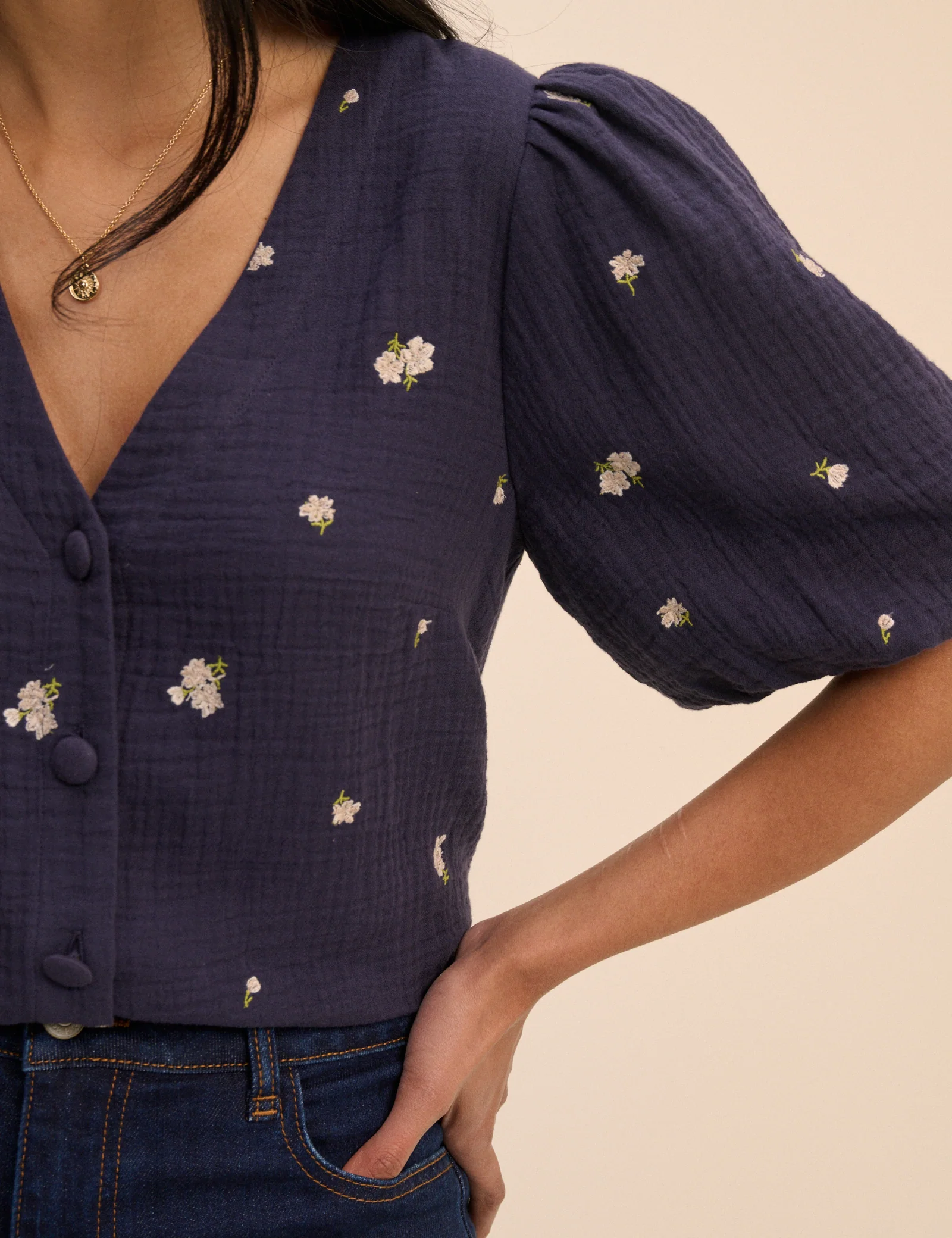 Navy Floral Embroidered Puff Sleeve Top - Image 3
