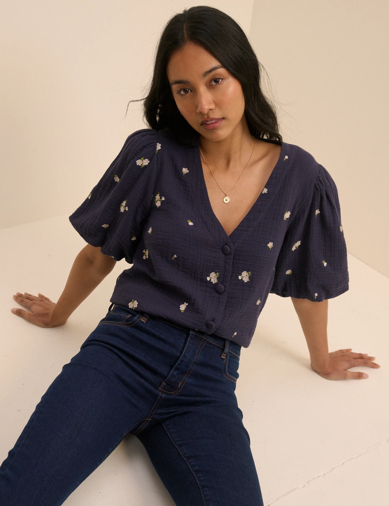 Navy Floral Embroidered Puff Sleeve Top - Image 4