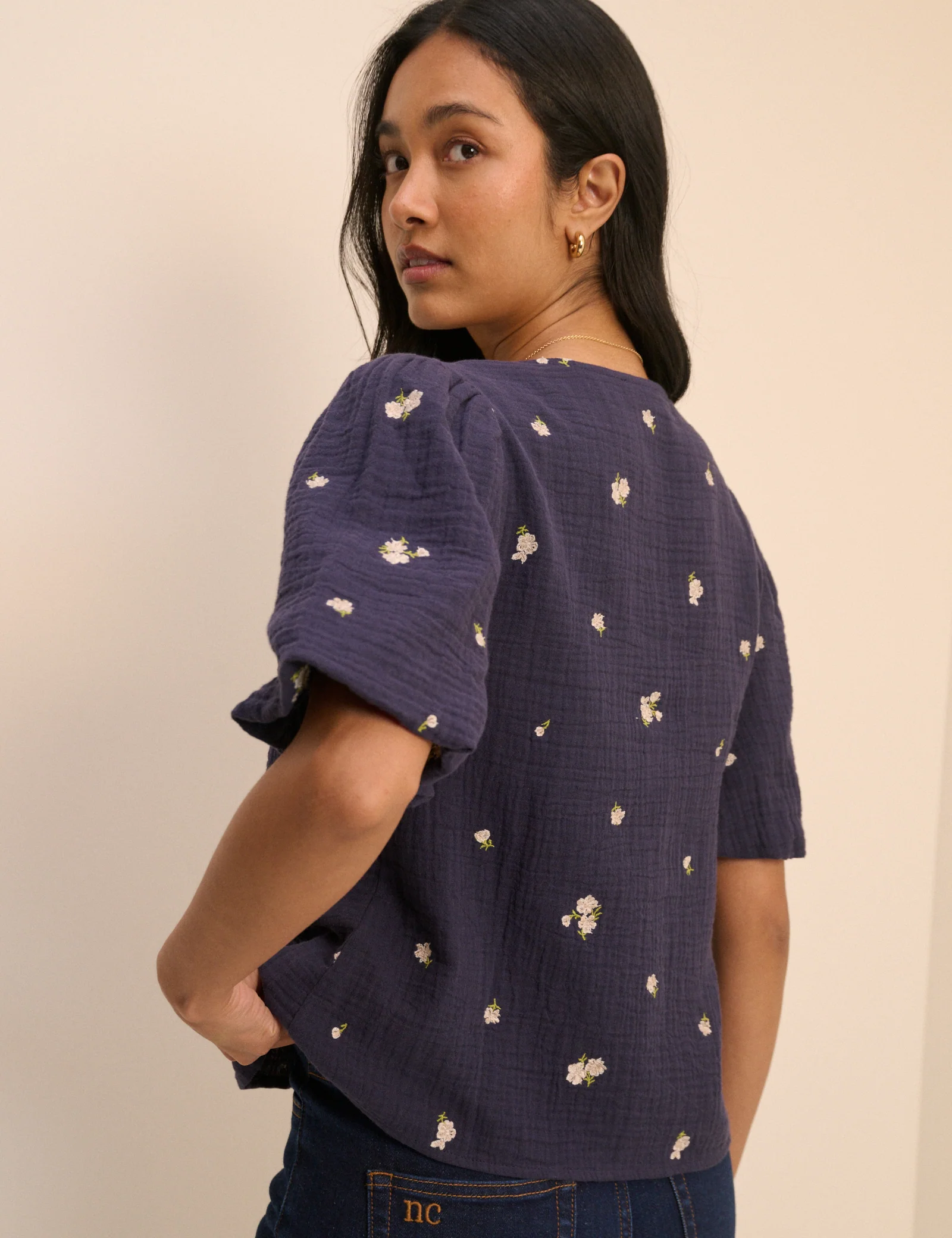 Navy Floral Embroidered Puff Sleeve Top - Image 5
