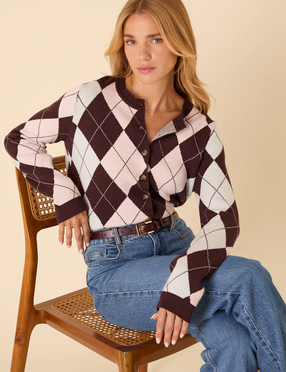 Brown And Pink Argyle Print Cardigan