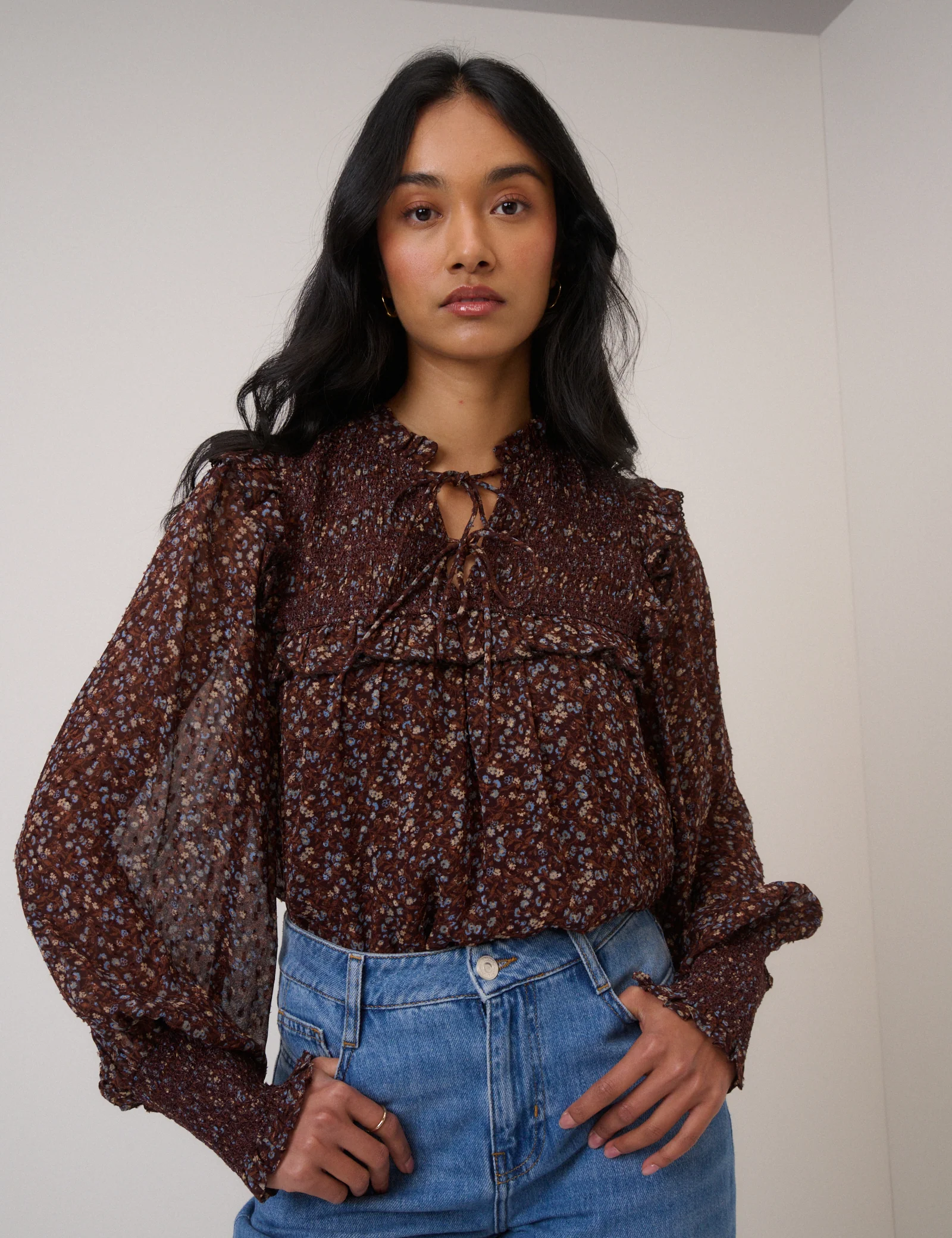 Brown Ditsy Floral Blouson Sleeve Blouse - Image 2