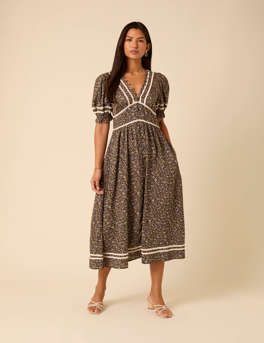 Brown Ditsy Floral Puff Sleeve Saffy Midi Dress