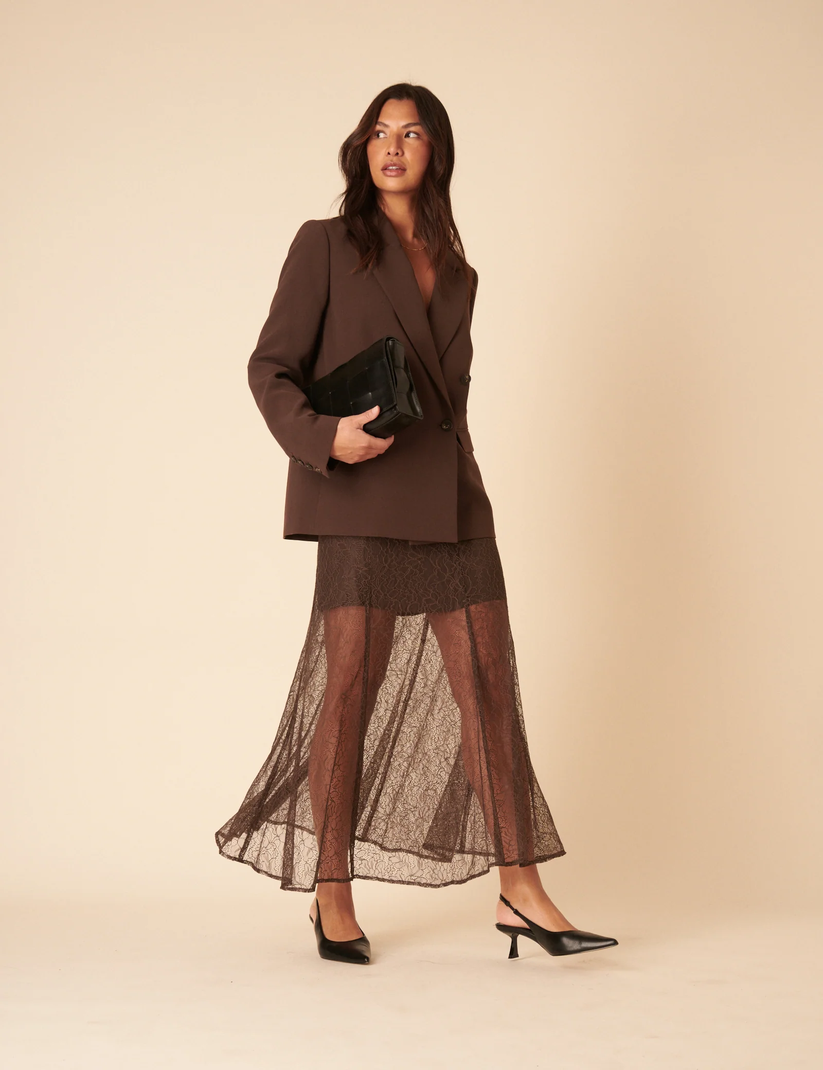 Brown Lace Midi Skirt