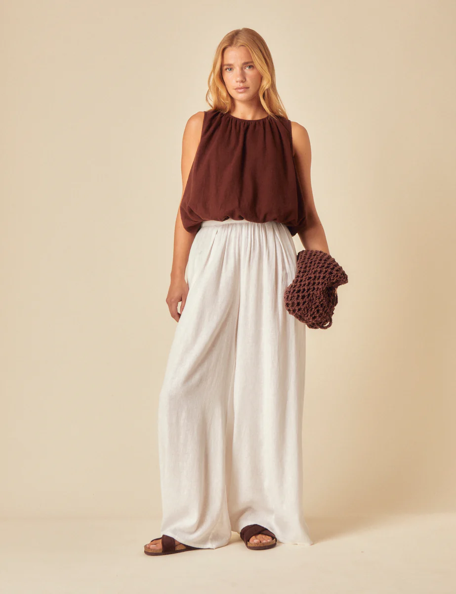 Brown Linen-Blend Bubble Hem Top