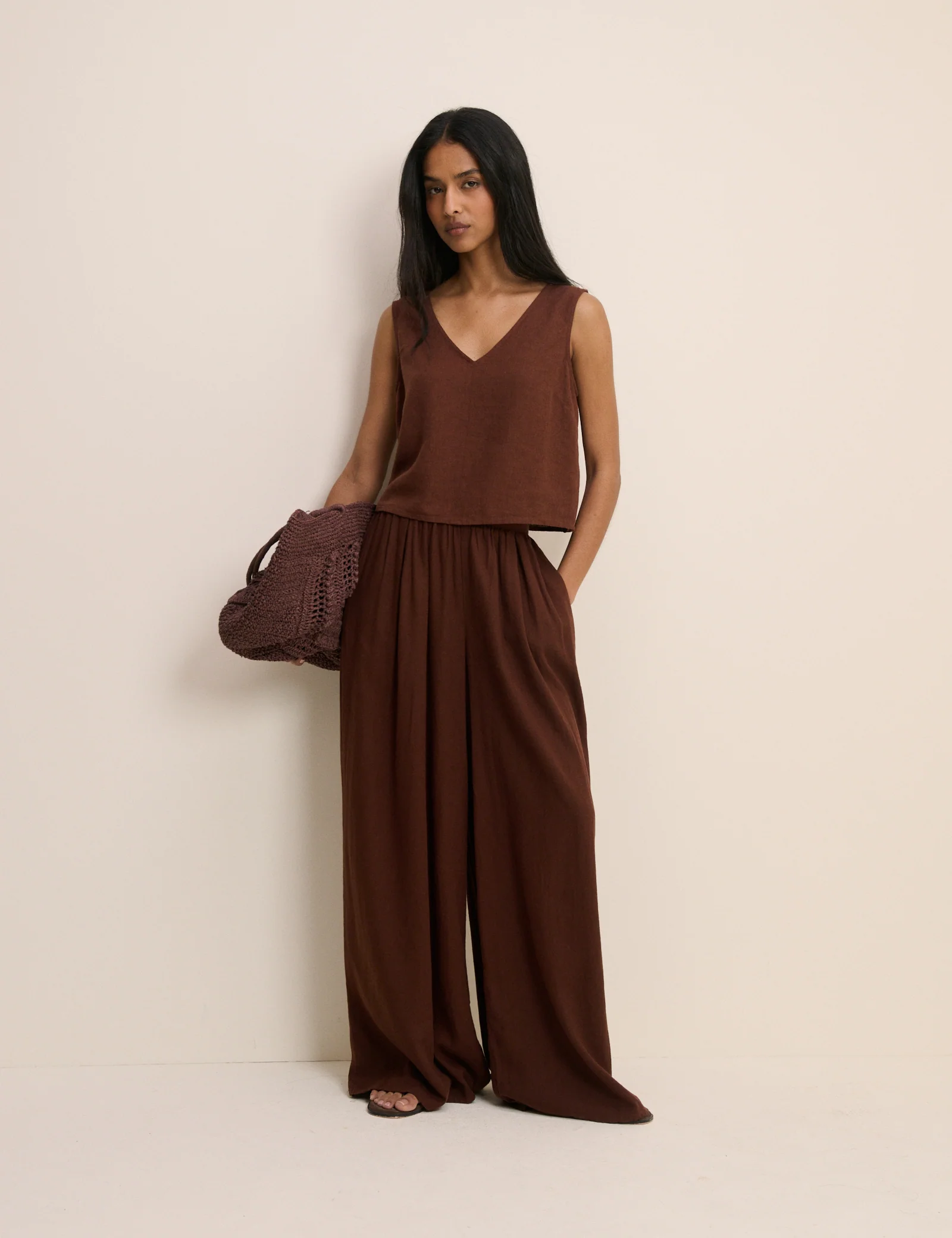 Brown Linen-Blend Wide Leg Jerrow Trousers