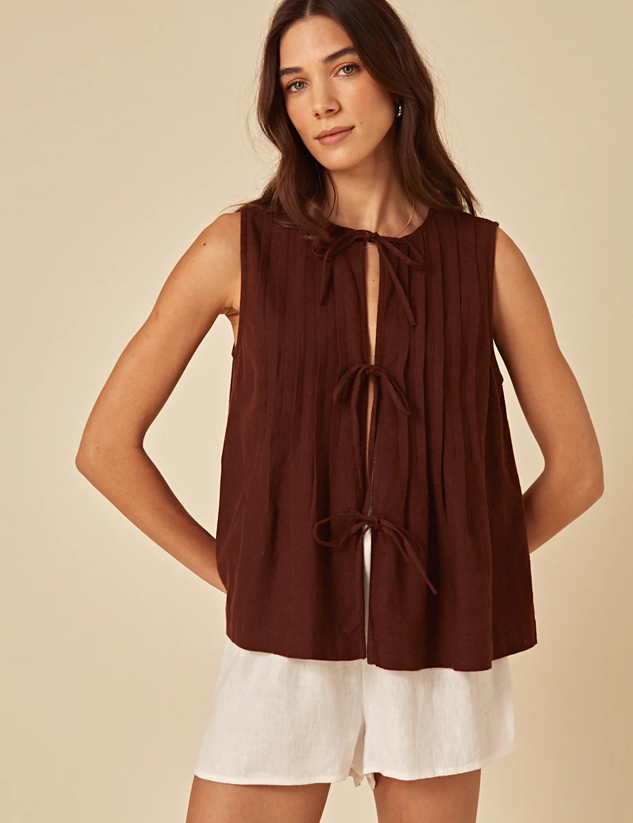 Brown Linen-Blend Tie Front Top