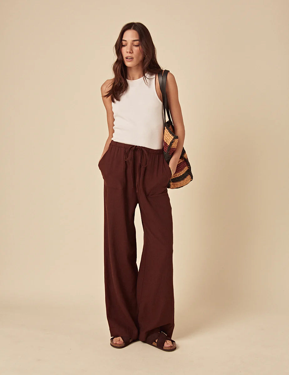 Brown Linen-Blend Wide Leg Trousers