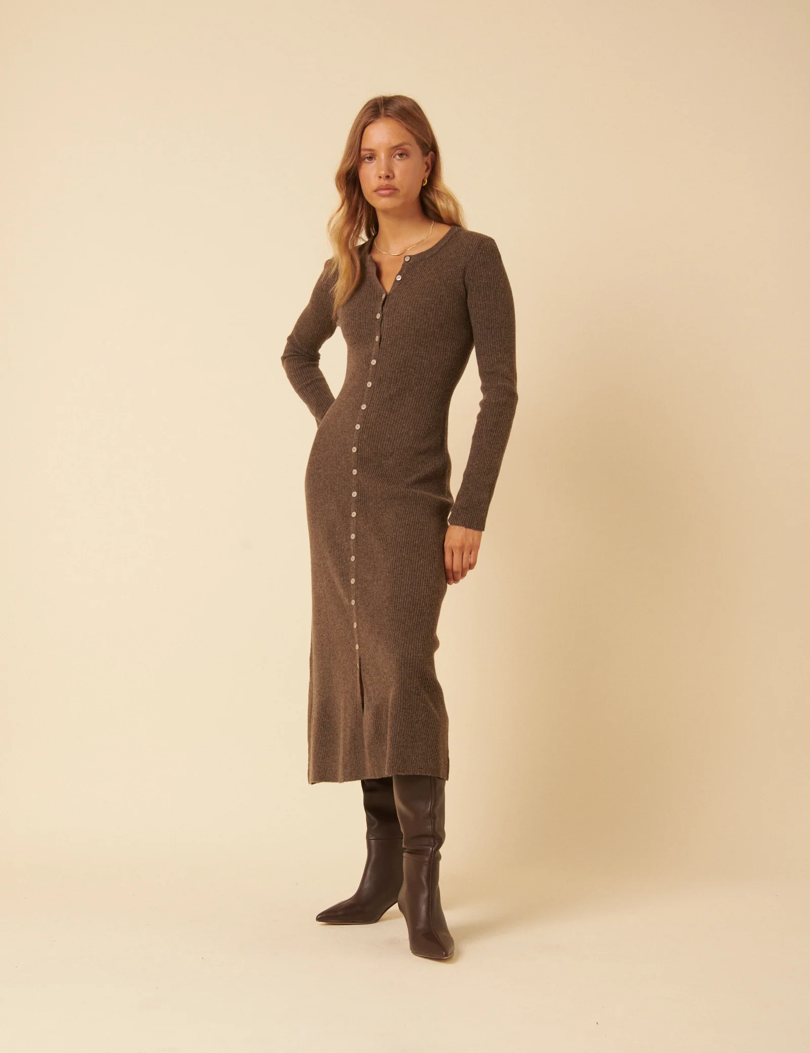 Brown Ribbed Knitted Midi Dress