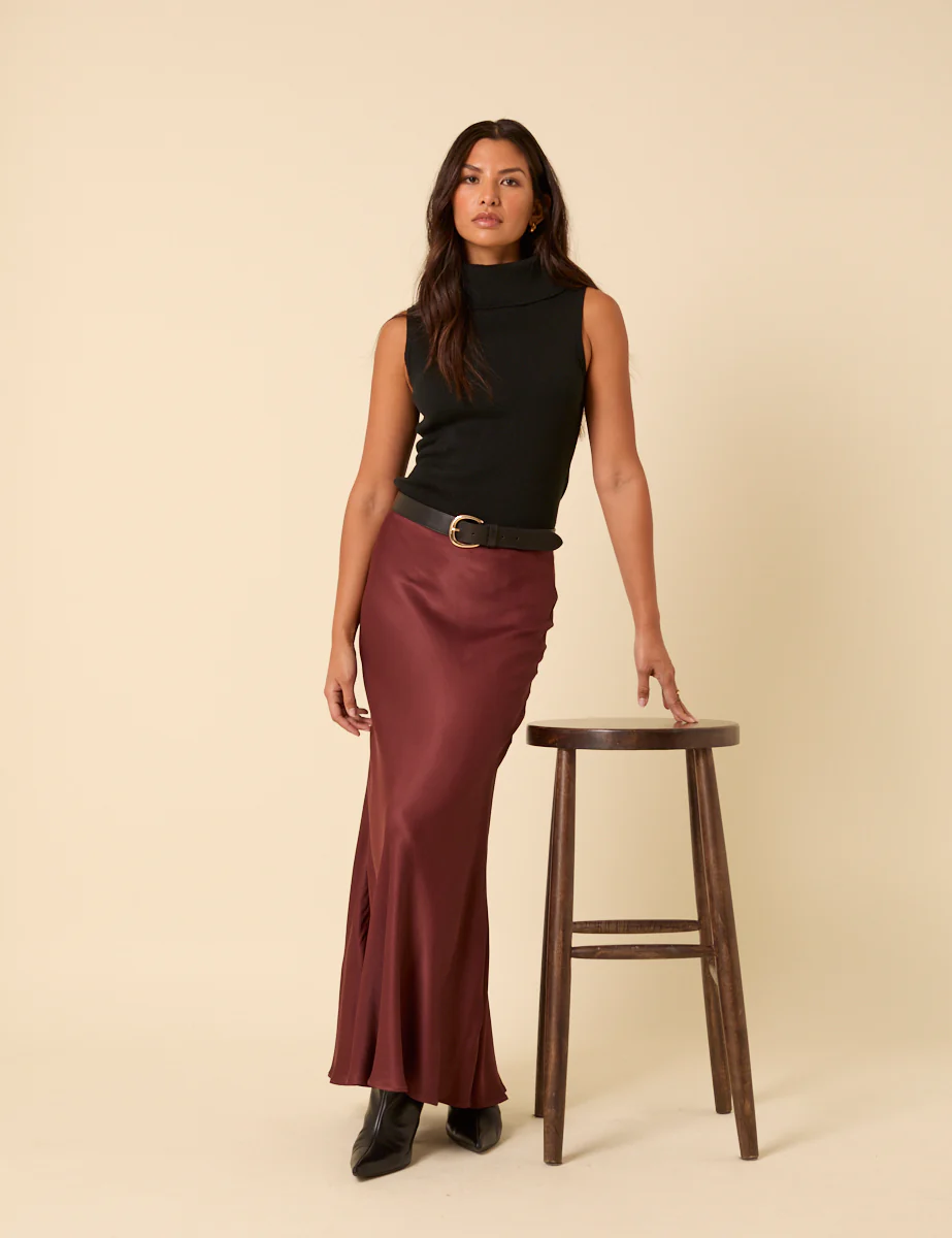 Burgundy Satin Maxi Skirt - Image 2