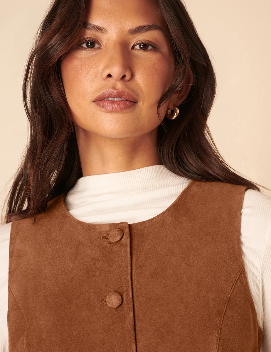 Brown Suede Eleanor Mini Pinafore Dress - Image 3