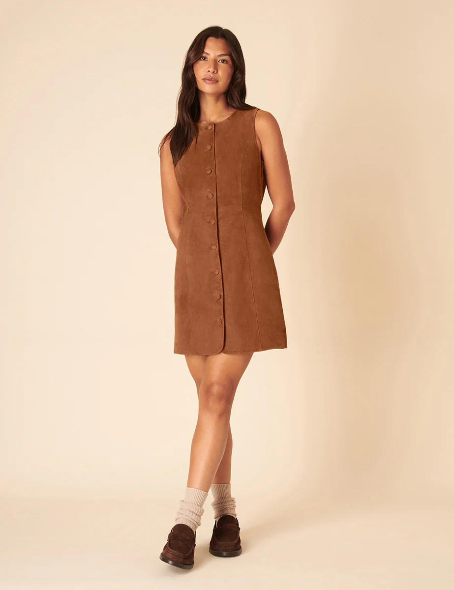 Brown Suede Eleanor Mini Pinafore Dress - Image 4