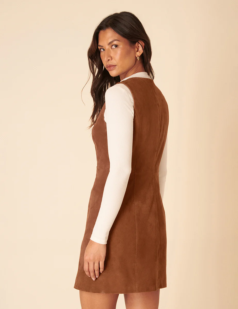 Brown Suede Eleanor Mini Pinafore Dress - Image 5