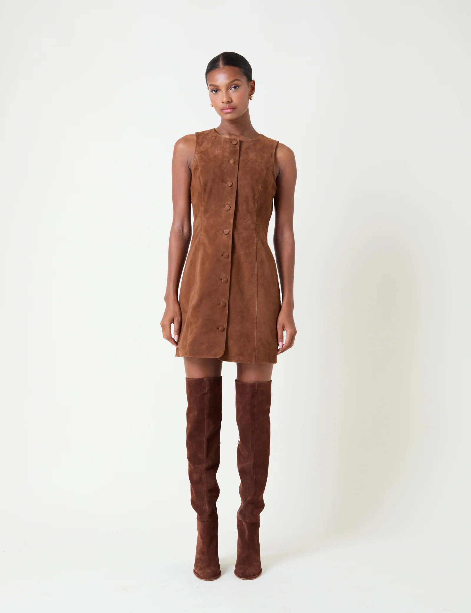Brown Suede Eleanor Mini Pinafore Dress - Image 6