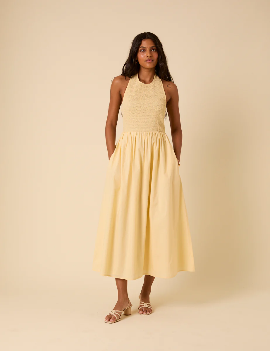 Butter Yellow Shirred Halterneck Tizzy Midi Dress