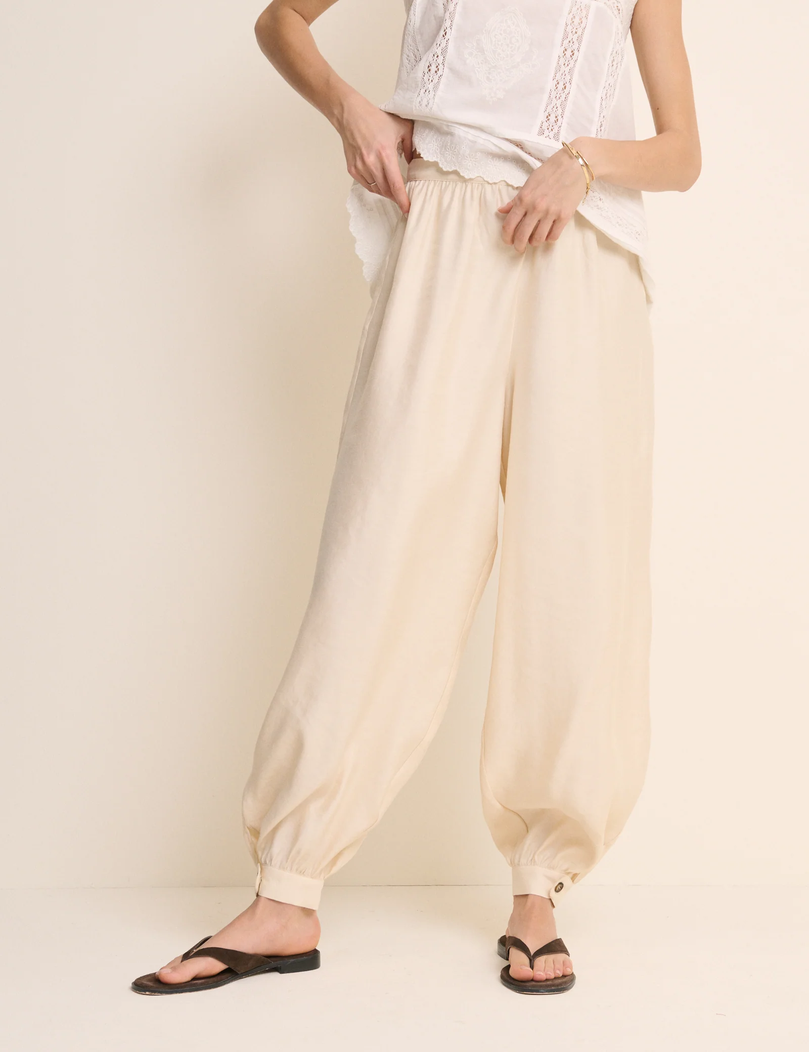 Cream Balloon Leg Satin Cuffed Trousers - Image 3