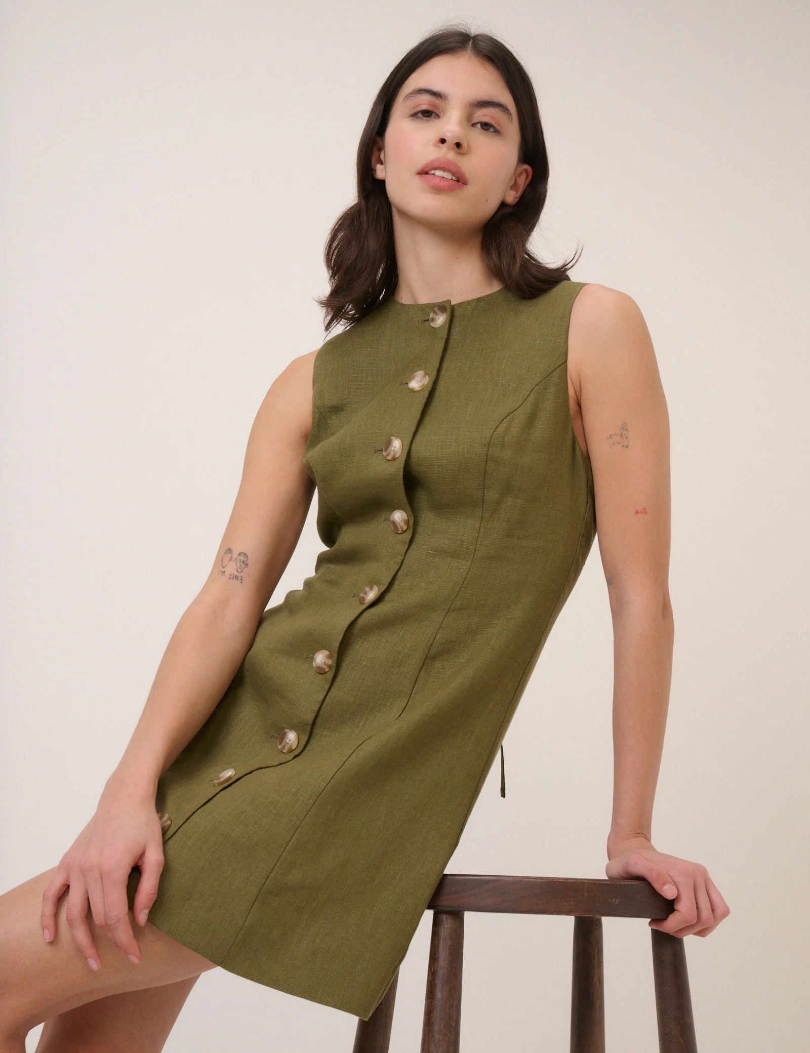 Green Linen-Blend Tailored Mini Dress - Image 2