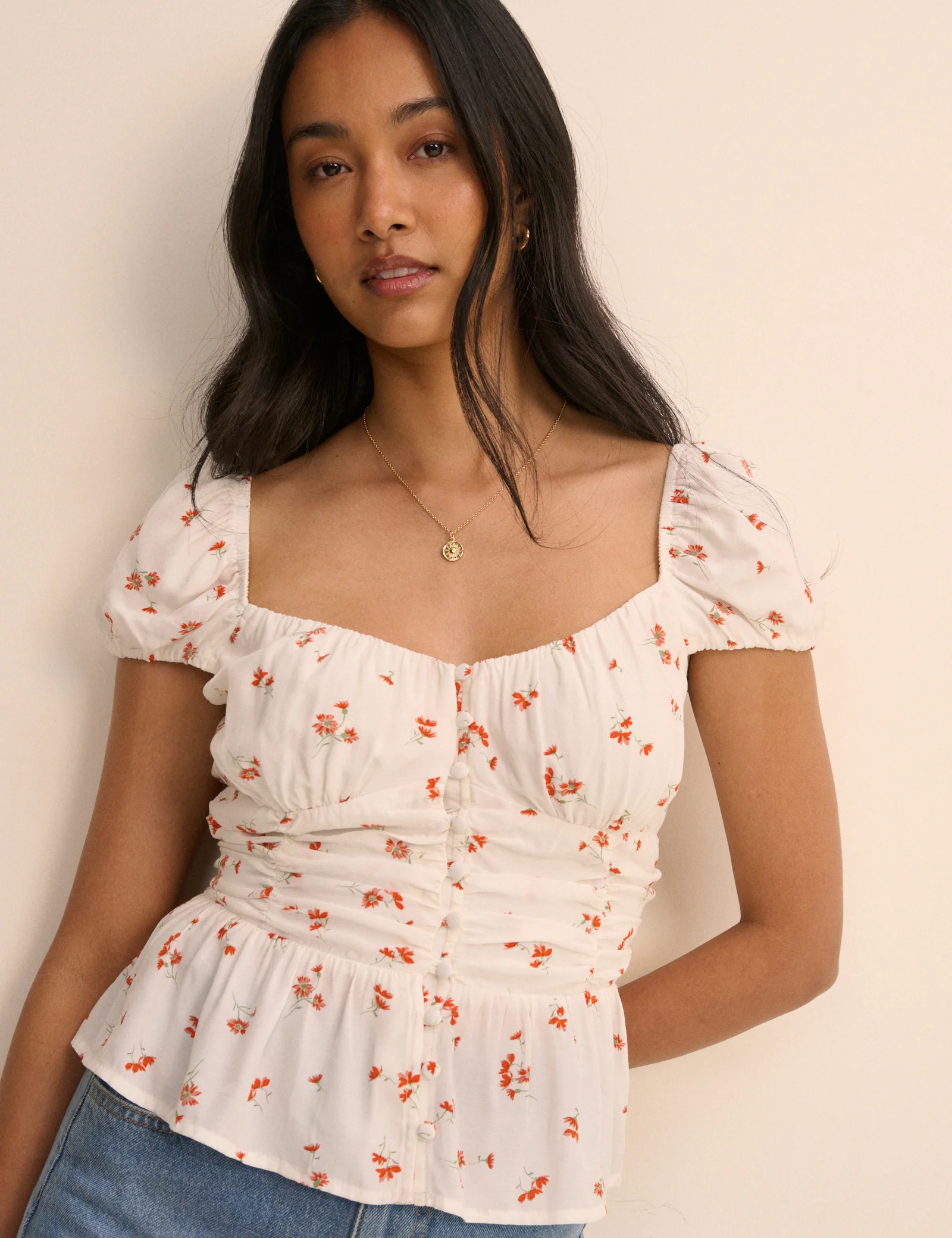 White Floral Ruched Top