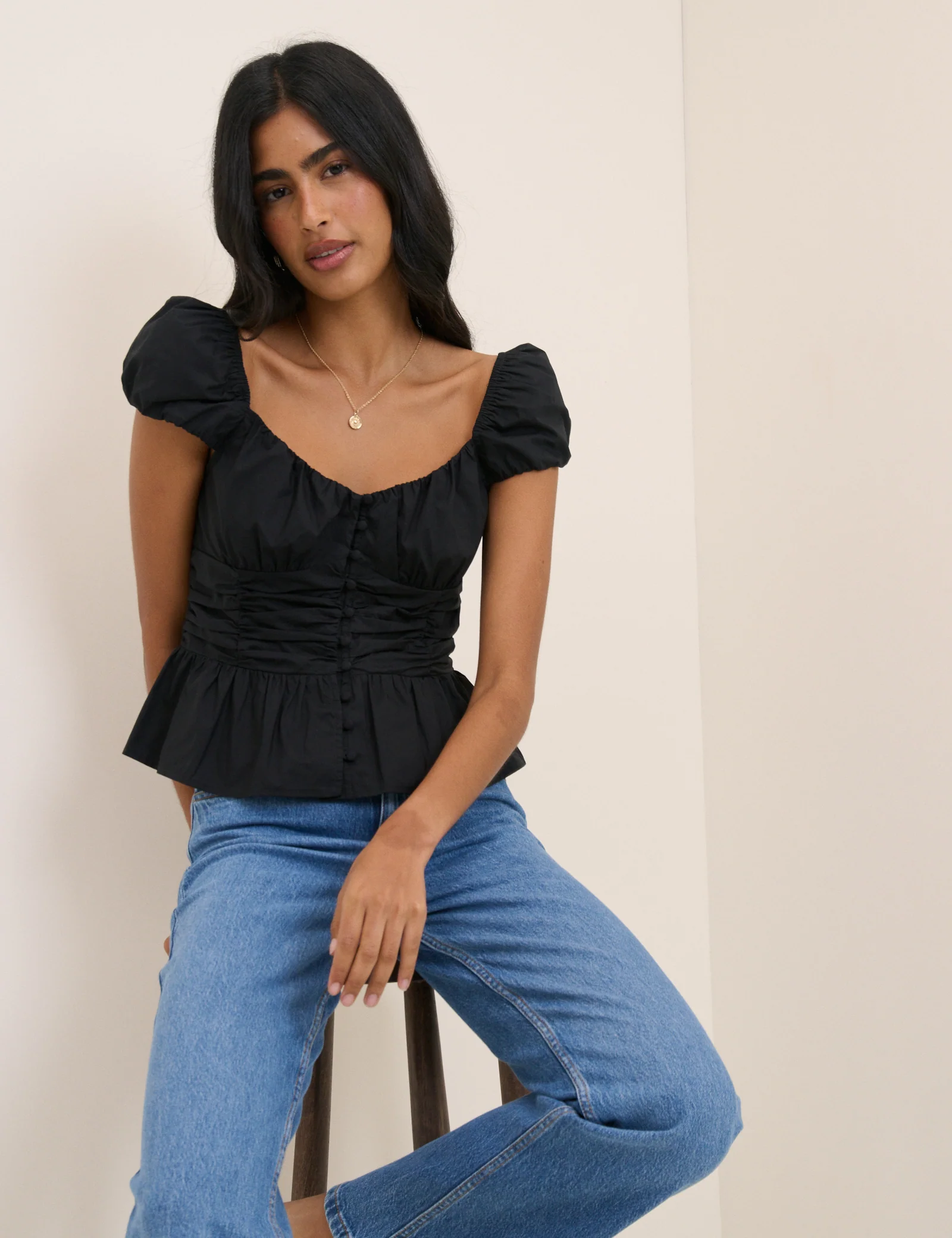 Black Ruched Puff Sleeve Caia Top - Image 2
