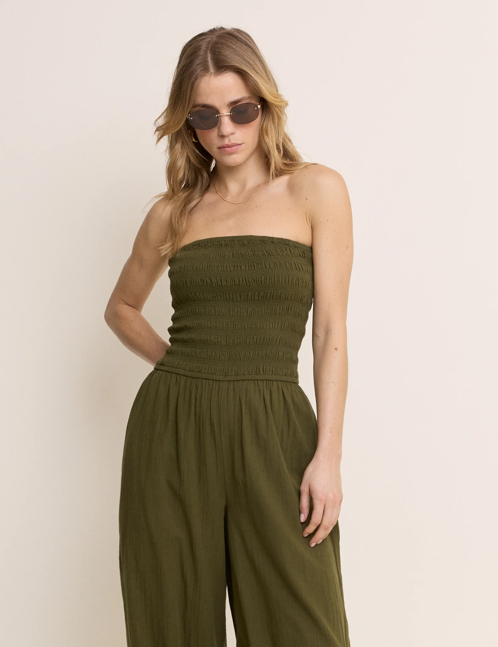 Khaki Shirred Bandeau Carly Jumpsuit - Image 2