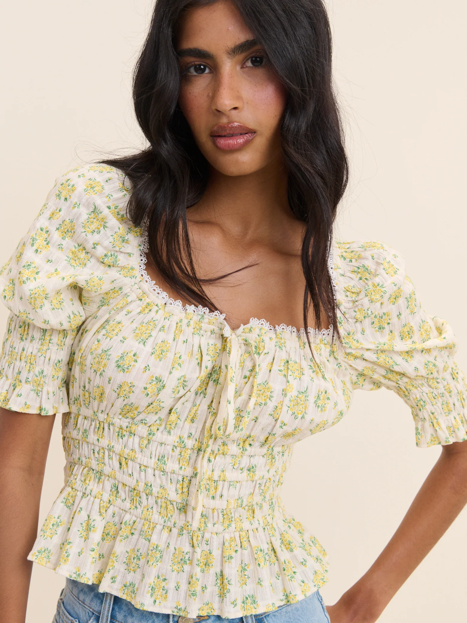 White and Yellow Floral Milkmaid Top - Image 2