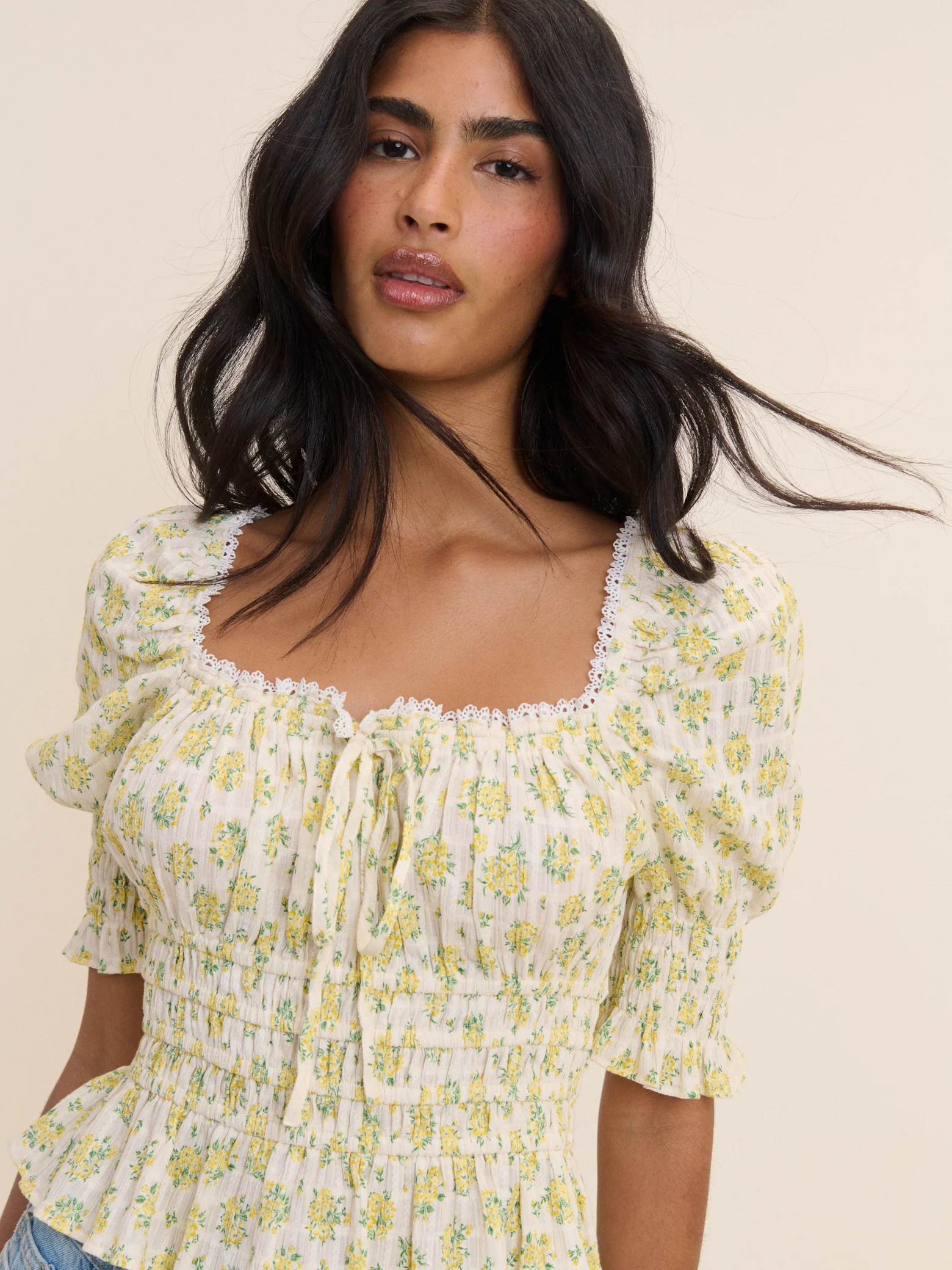 White and Yellow Floral Milkmaid Top - Image 4