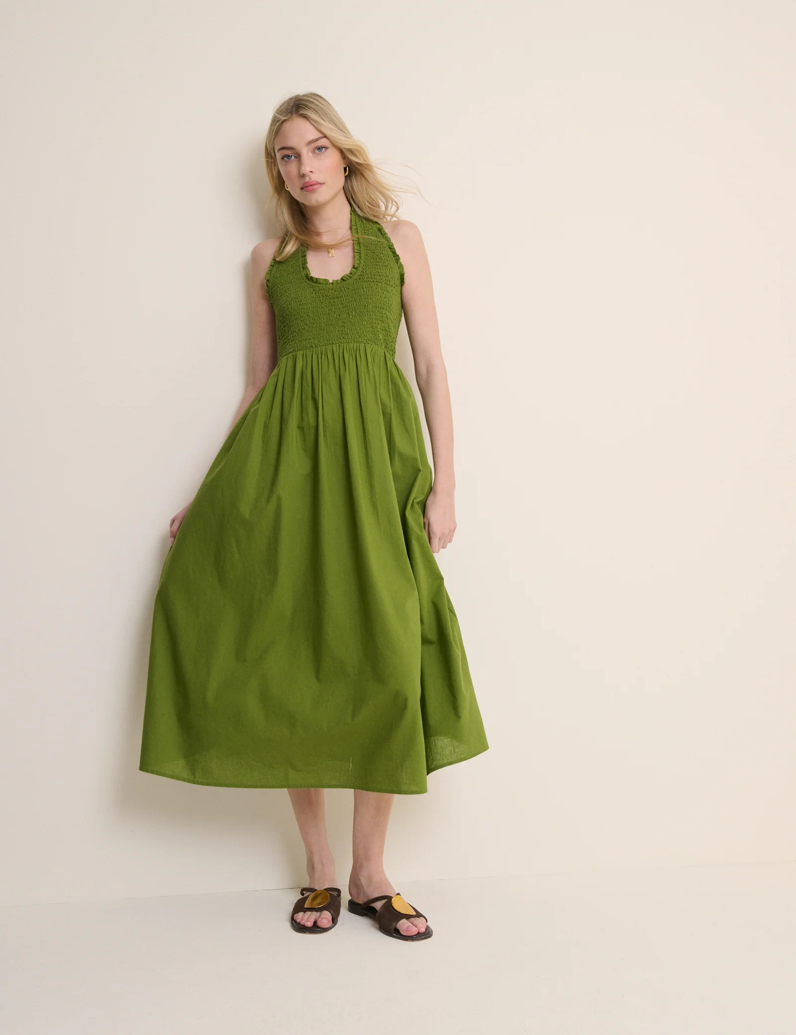 Green Shirred Halterneck Caterina Midi Dress - Image 3